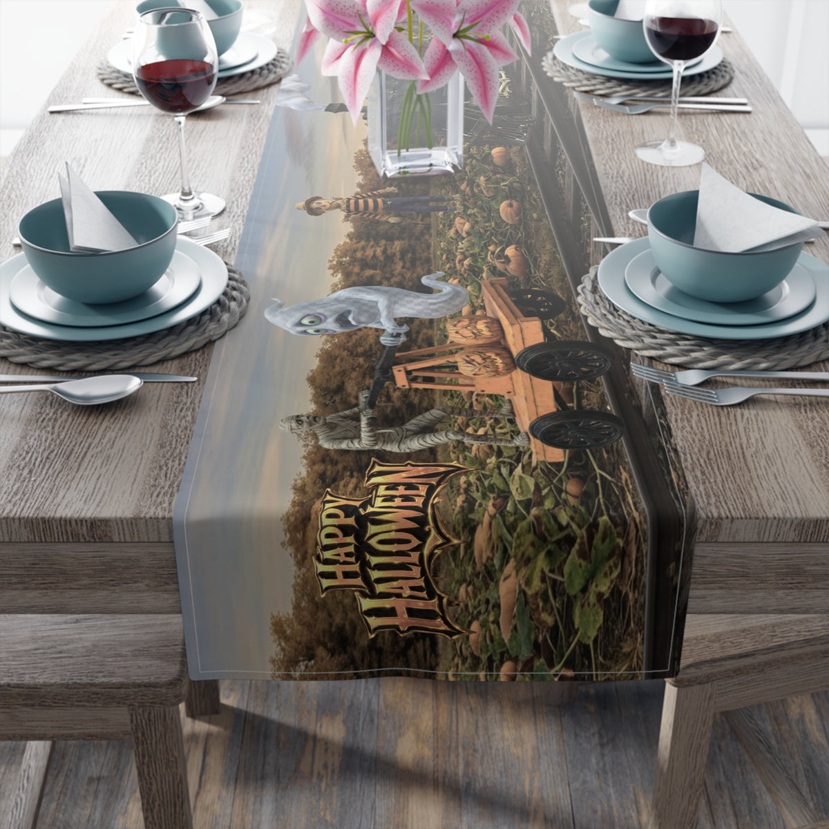 Halloween Train & Handcar Table Runner | Moonlit Witch, Pumpkins & Autumn Trees