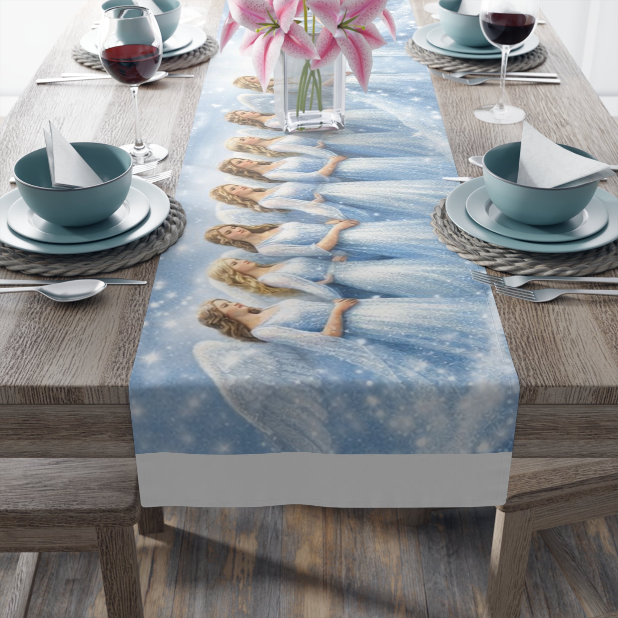 Angelic Women Illustration Table Runner | Heavenly Figures, Soft Pastel