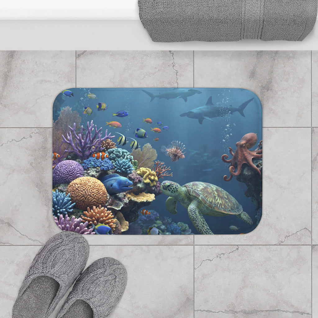 Underwater Coral Reef Bath Mat | Sea Turtle, Octopus, Tropical Fish