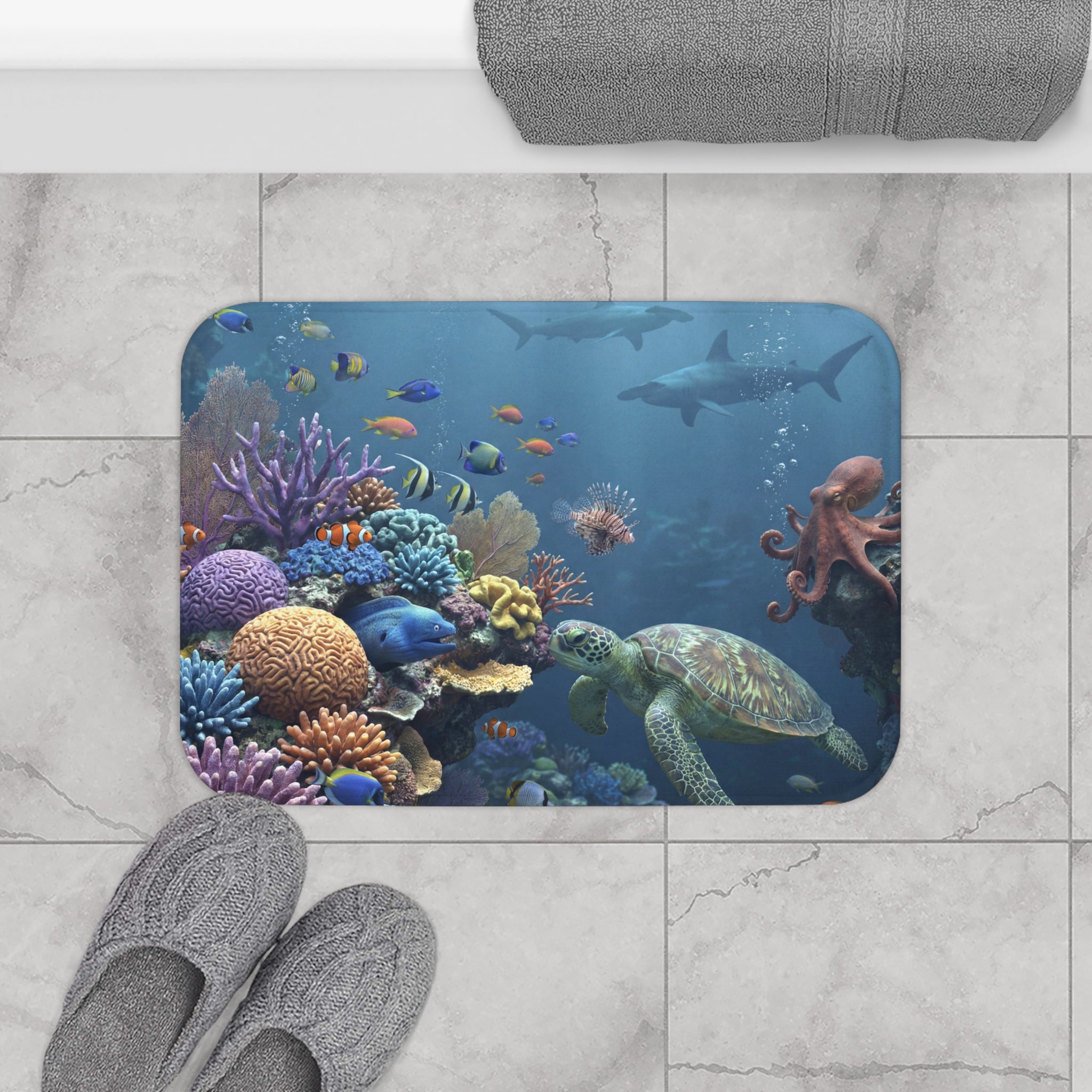 Underwater Coral Reef Bath Mat | Sea Turtle, Octopus, Tropical Fish