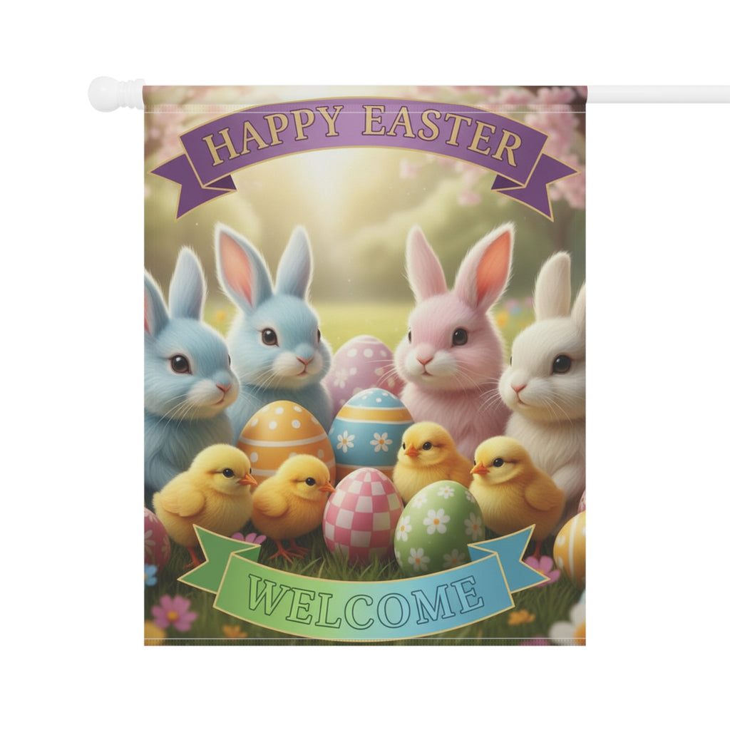 Happy Easter Welcome Garden Flag | Easter Bunnies, Chicks & Painted Eggs