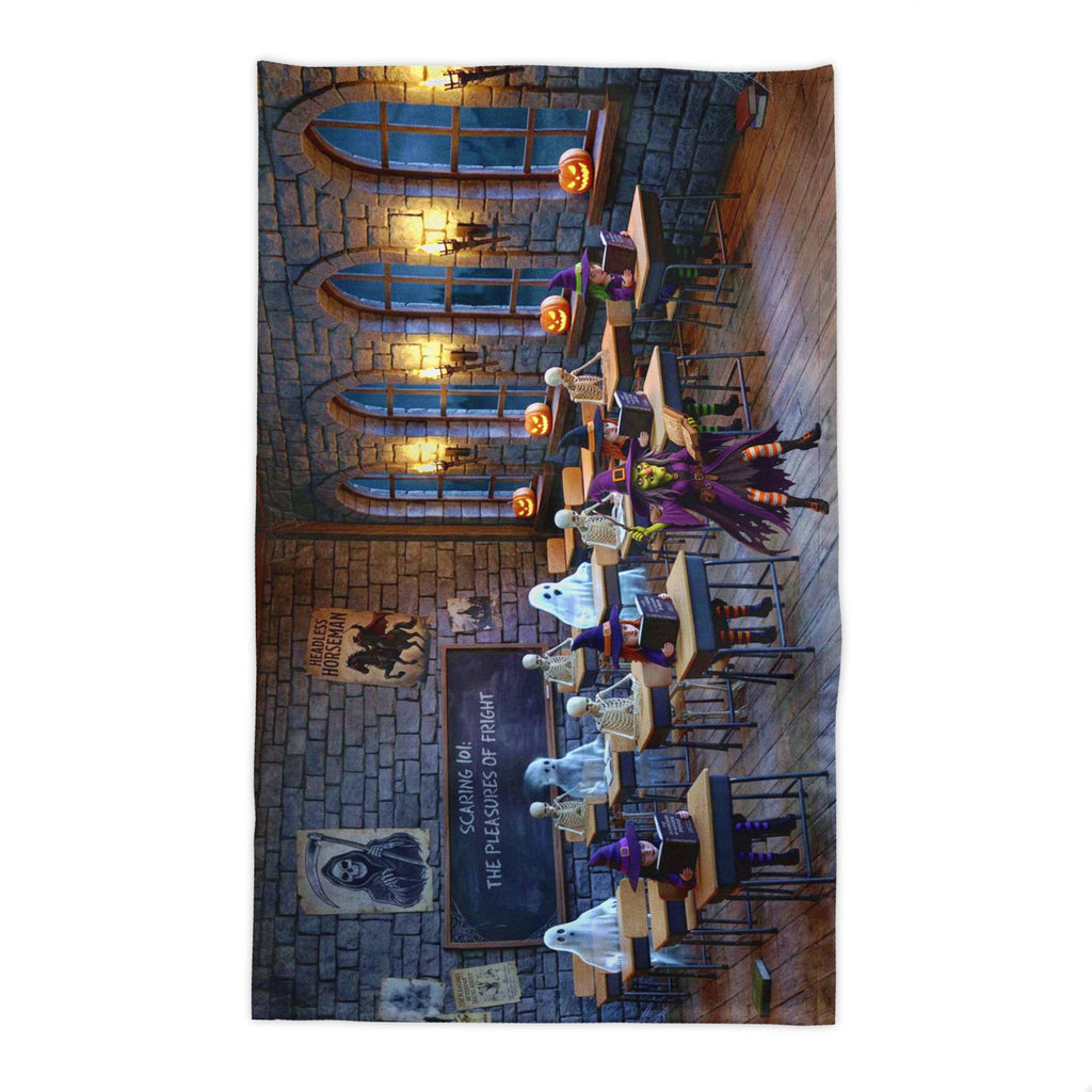Halloween Classroom Scene Tablecloth – Spooky Ghosts & Pumpkins Table Cover