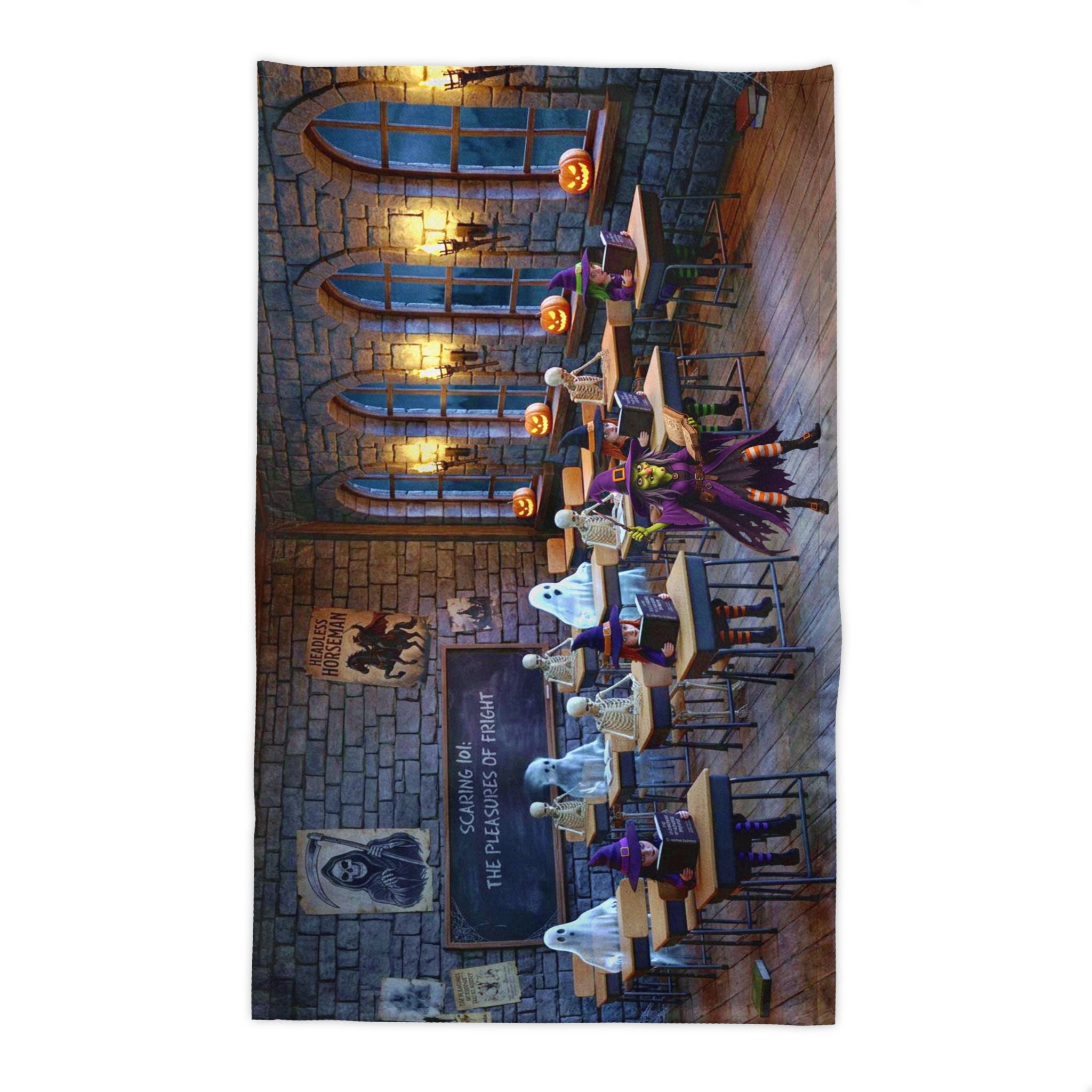 Halloween Classroom Scene Tablecloth – Spooky Ghosts & Pumpkins Table Cover