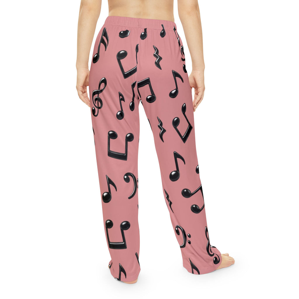 Black Music Notes Pattern Pajama Pants | Women's Pink All-Over Print