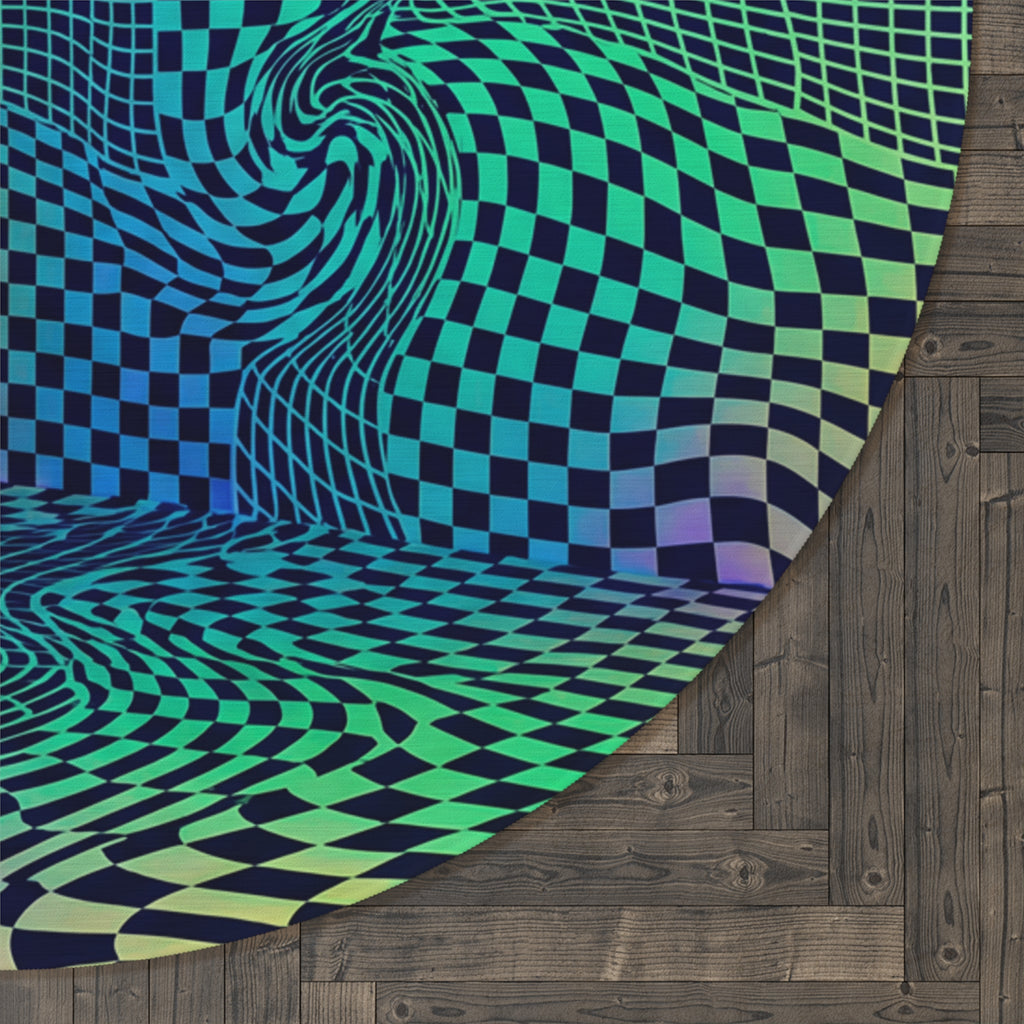 Psychedelic Checkered Warp Round Rug | Optical Illusion Floor Mat