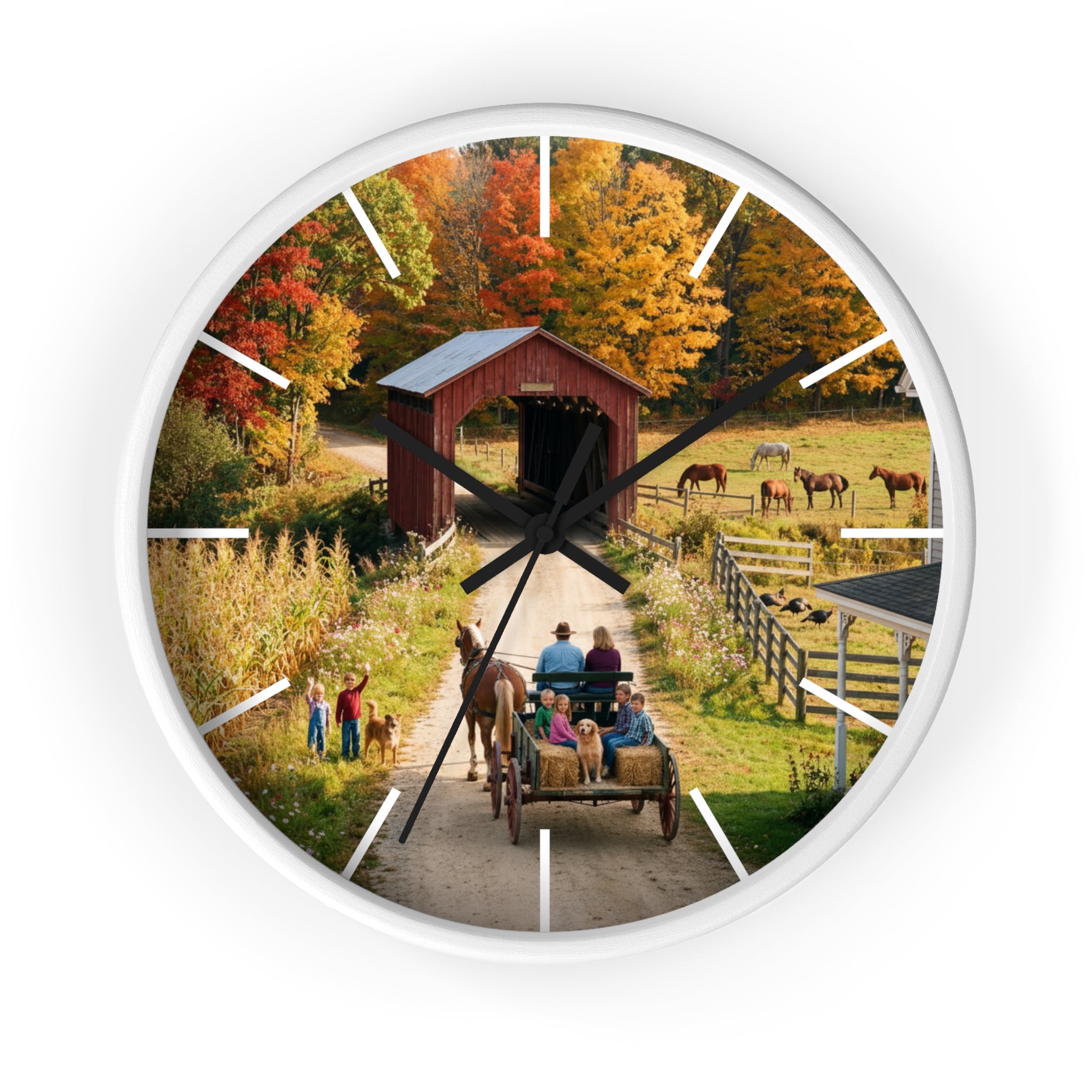 Autumn Covered Bridge Wall Clock / Country Wagon & Fall Scenery