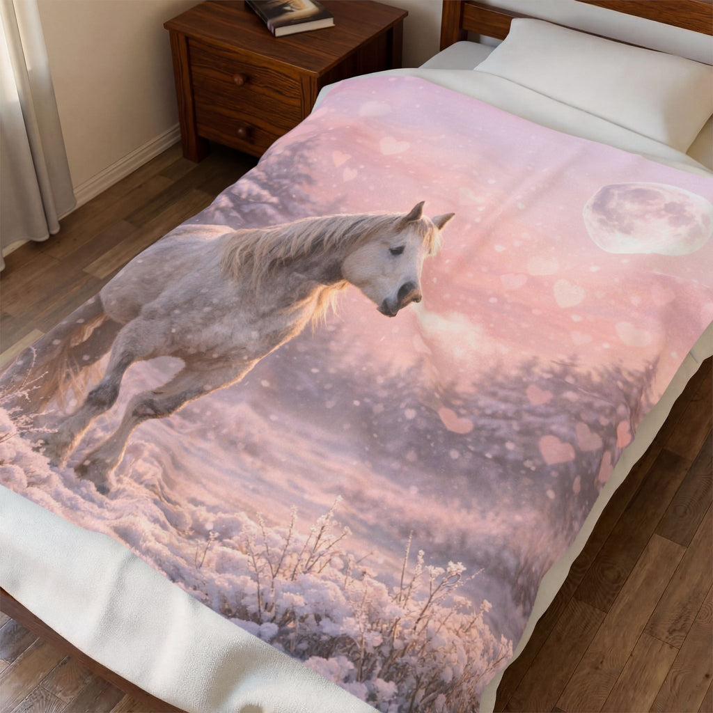 White Horse in Pink Winter Moonlight Blanket | Magical Snowy Forest