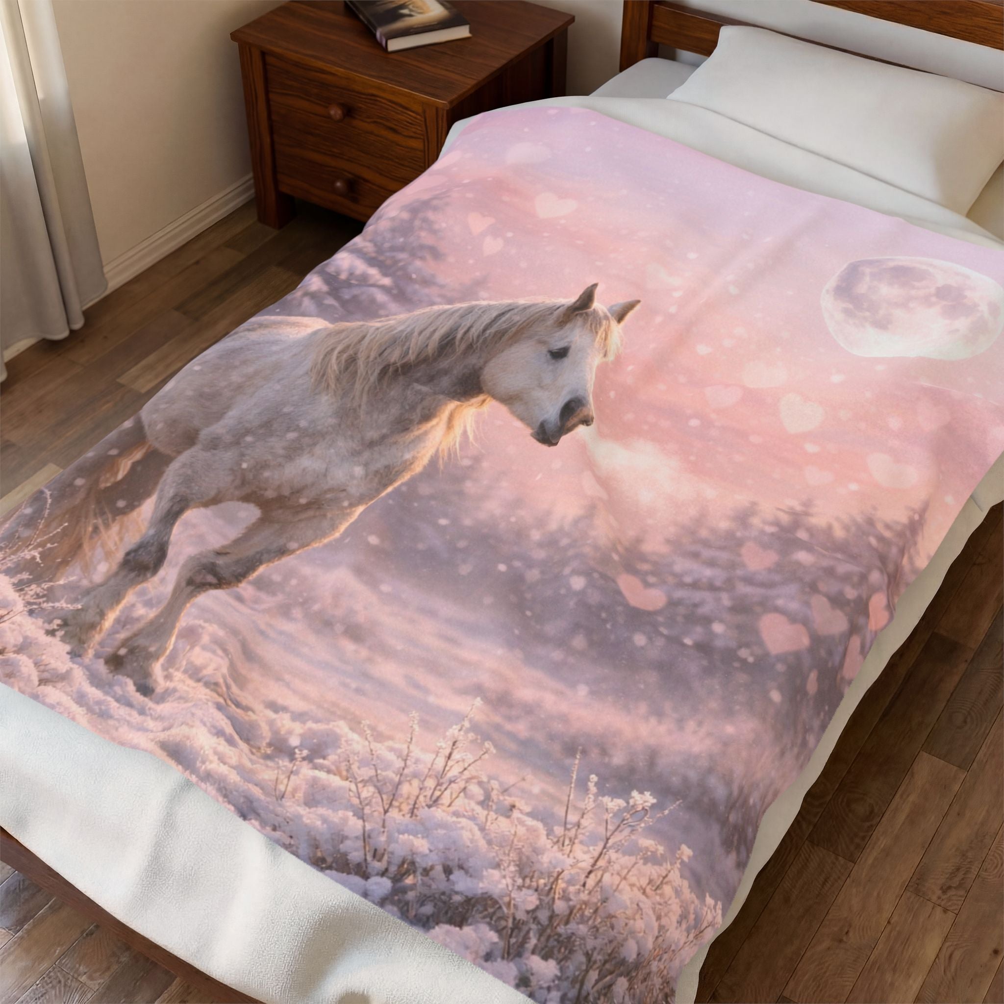 White Horse in Pink Winter Moonlight Blanket | Magical Snowy Forest