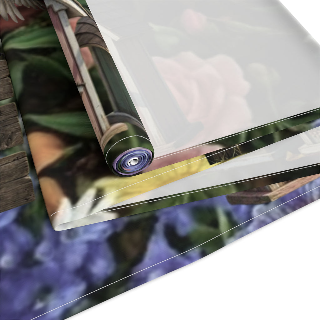 Floral Garden Birds Table Runner | Cottage Garden Birdhouse & Floral Decor