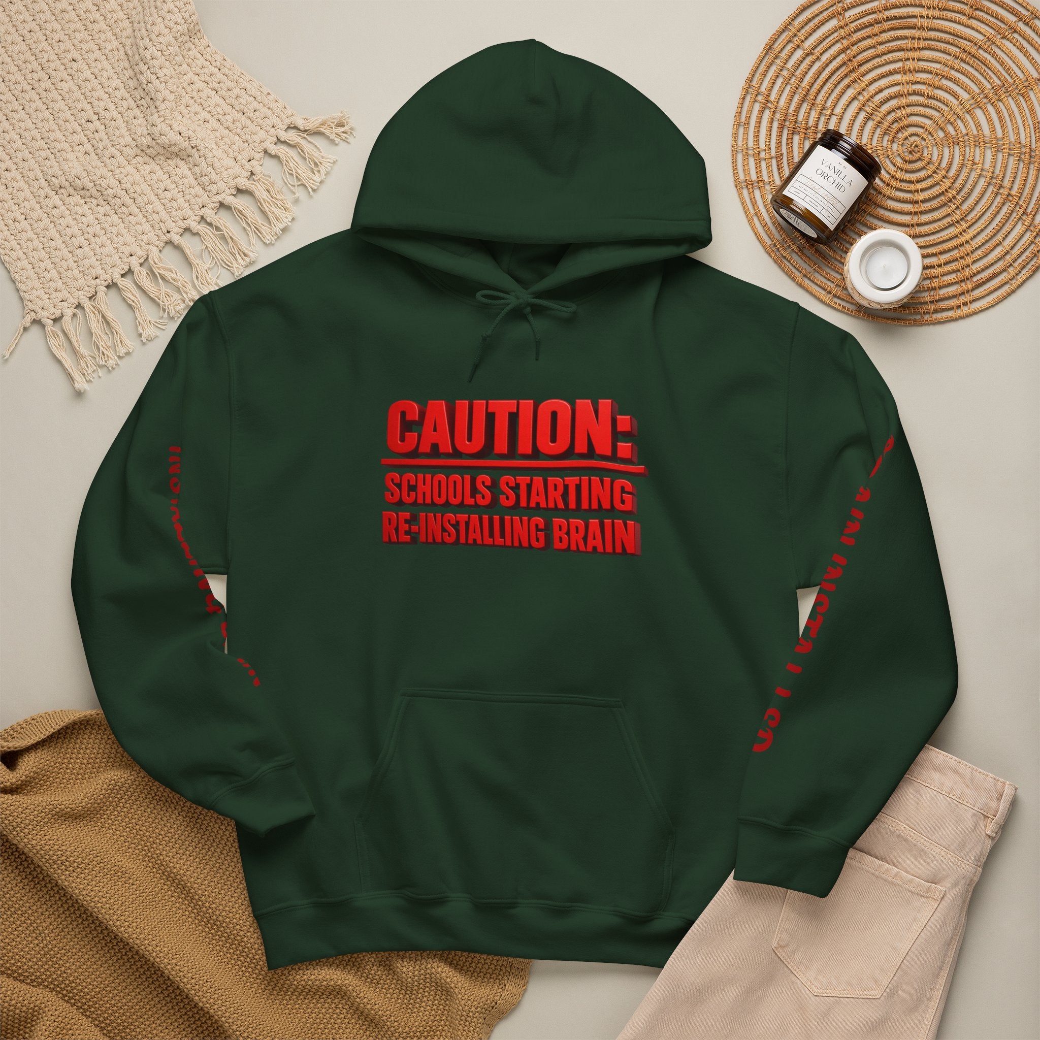 Hoodie — "CAUTION: Schools Starting, Re-Installing Brain" Back-to-School Graphic Hoodie