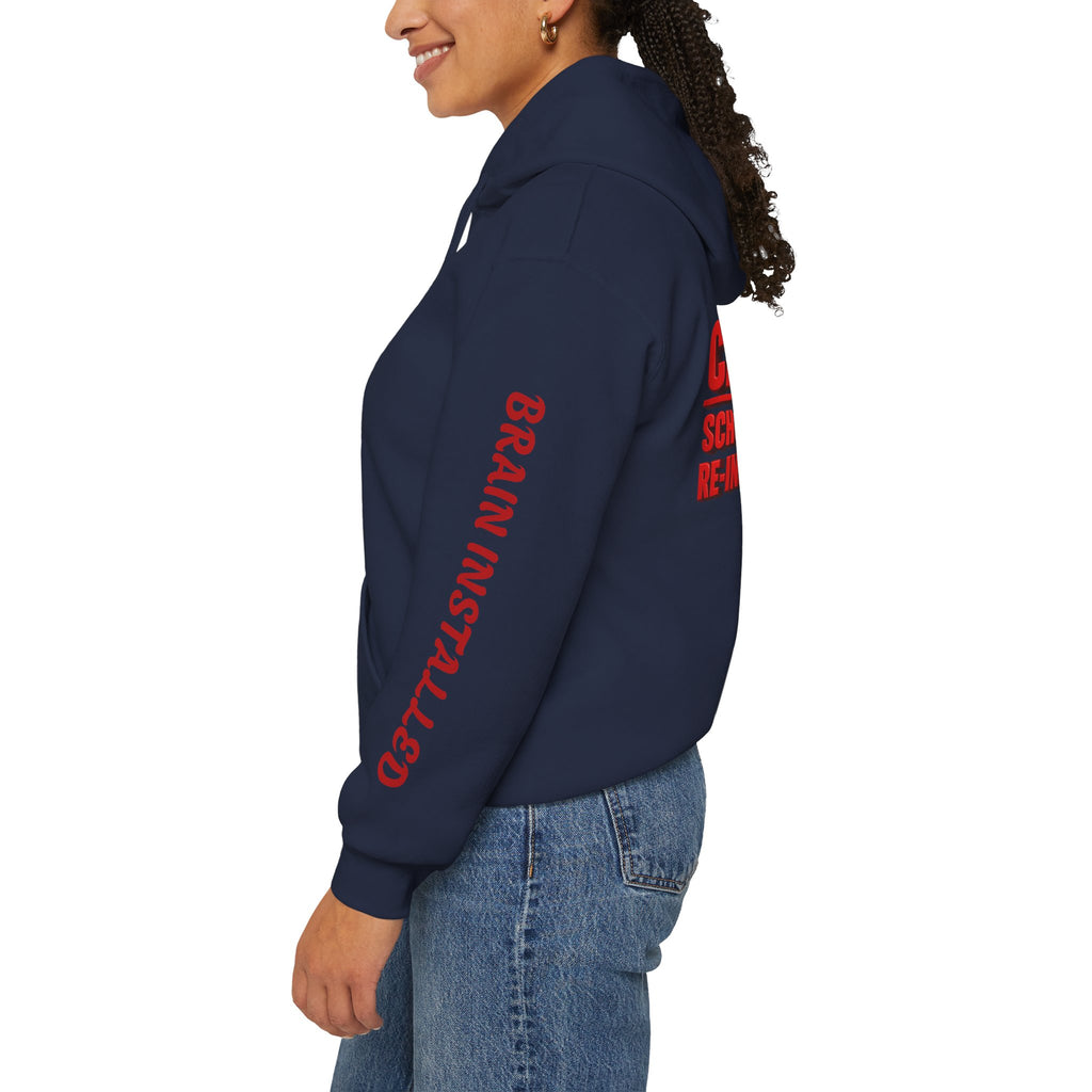 Hoodie — "CAUTION: Schools Starting, Re-Installing Brain" Back-to-School Graphic Hoodie
