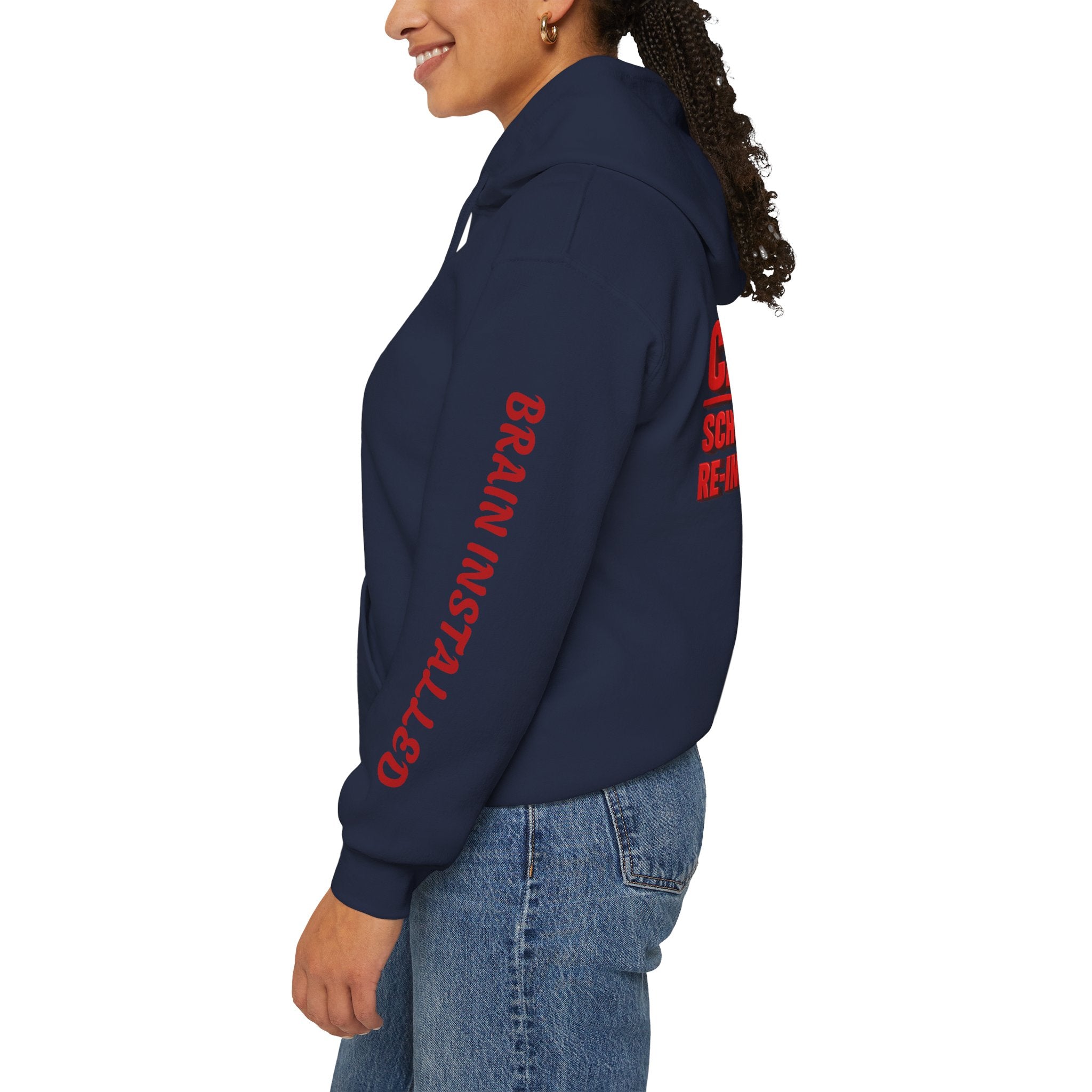 Hoodie — "CAUTION: Schools Starting, Re-Installing Brain" Back-to-School Graphic Hoodie