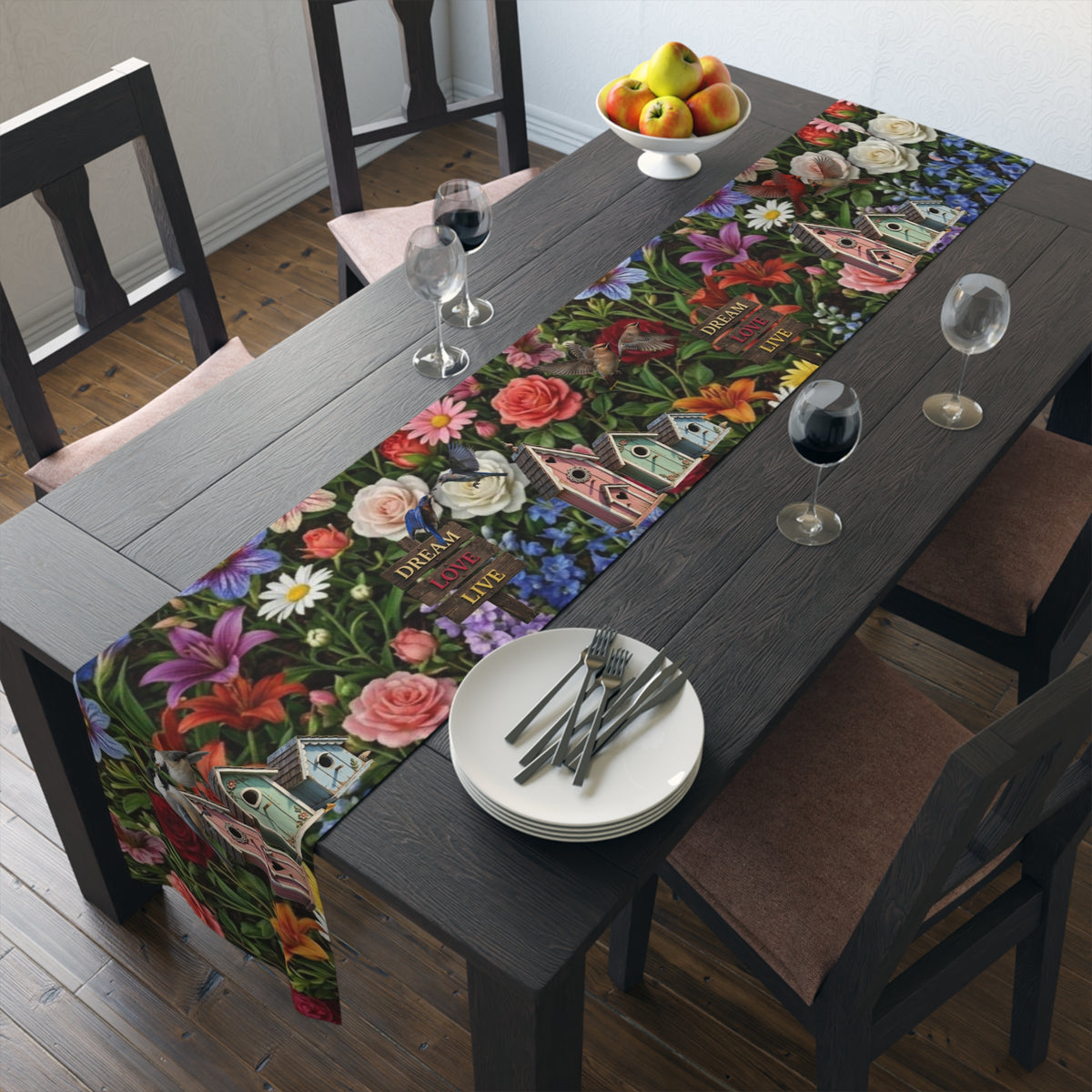 Floral Garden Birds Table Runner | Cottage Garden Birdhouse & Floral Decor
