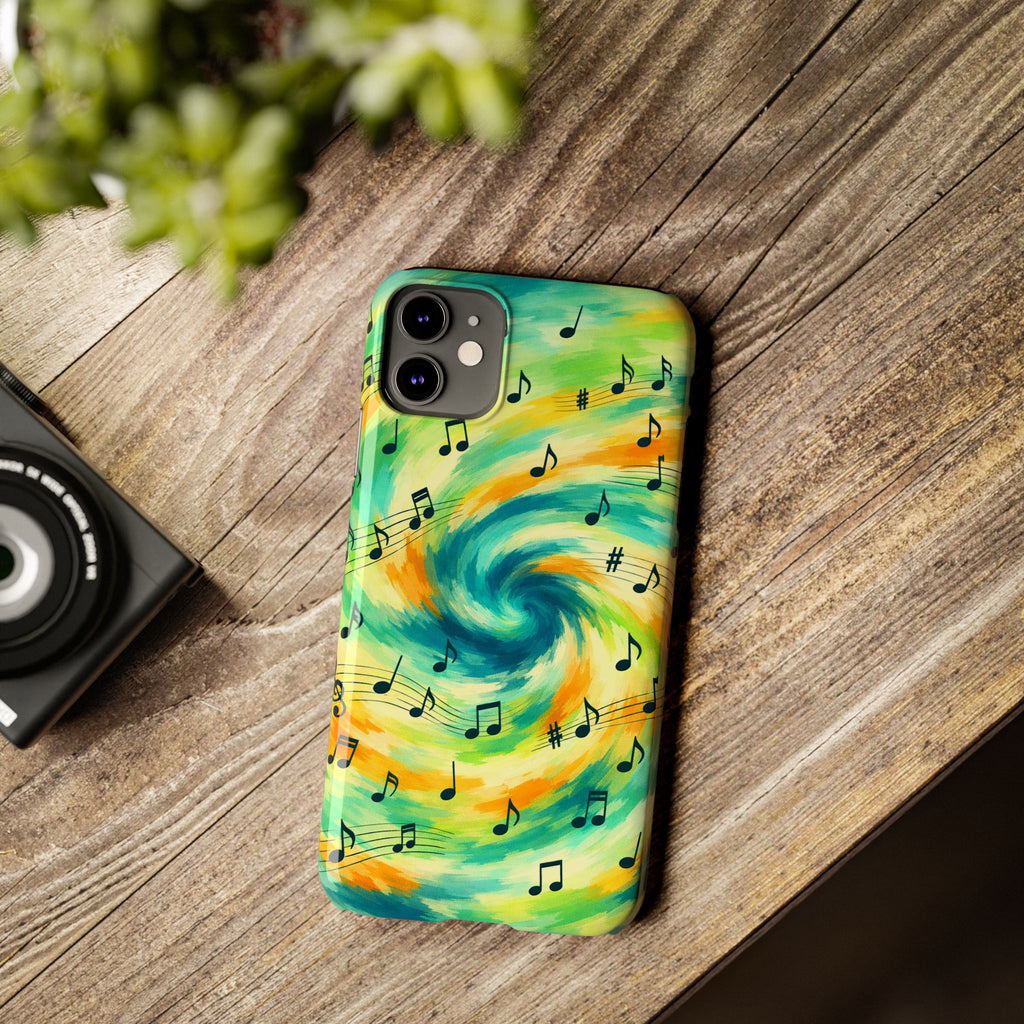 Music Notes Swirl Slim Phone Case | Colorful Turquoise Yellow Galaxy