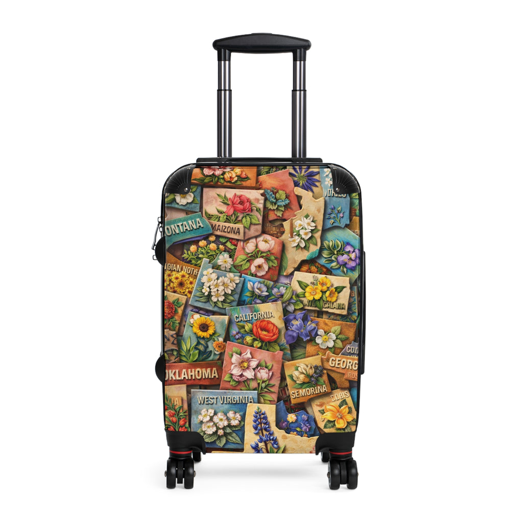USA State Map Collage with State Flowers Suitcase