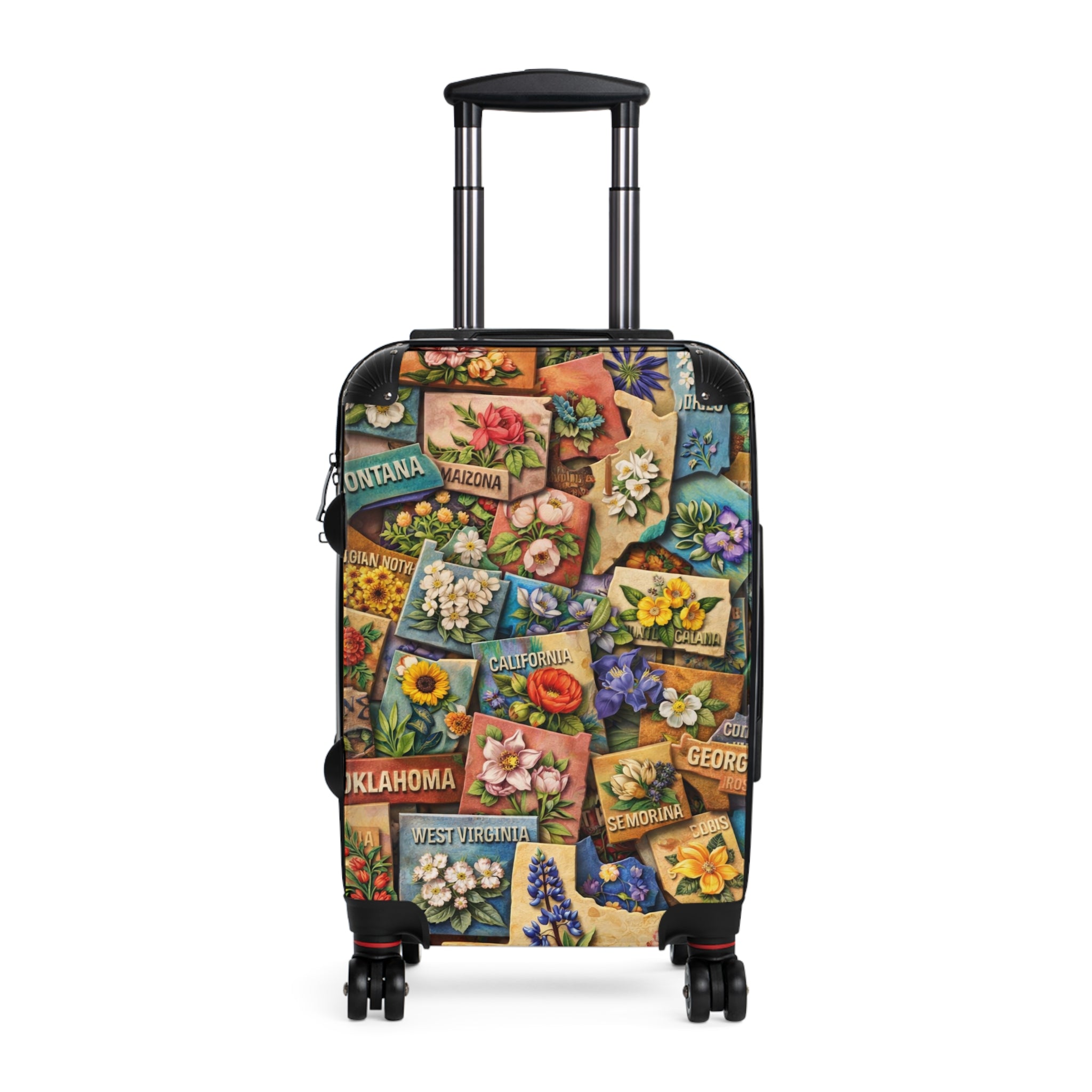 USA State Map Collage with State Flowers Suitcase