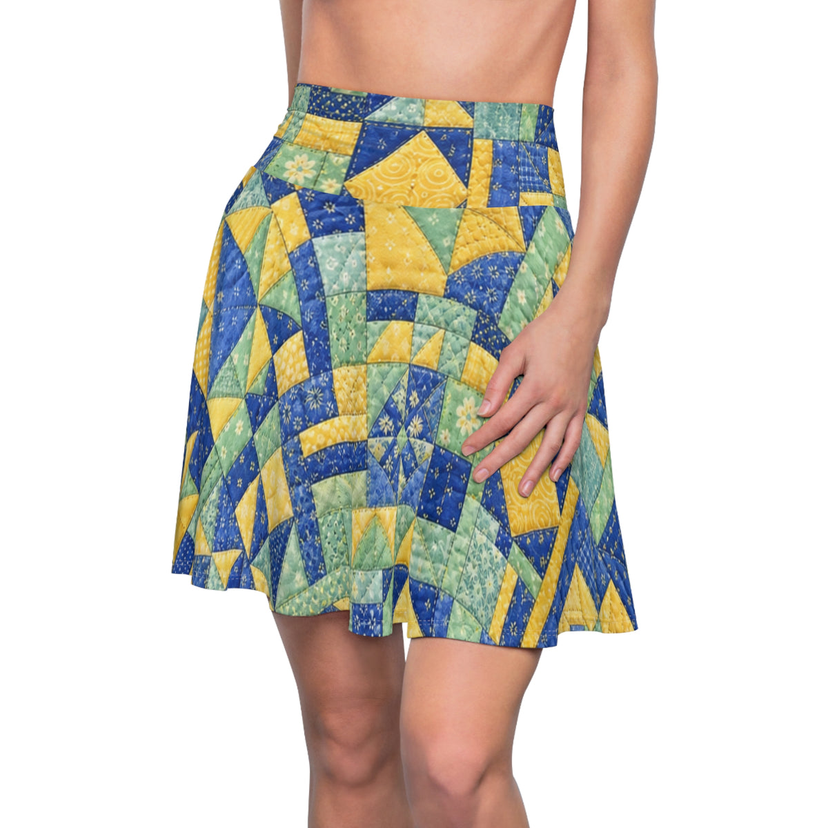 Patchwork Quilt Pattern Skater Skirt | Blue Yellow Green Cottagecore