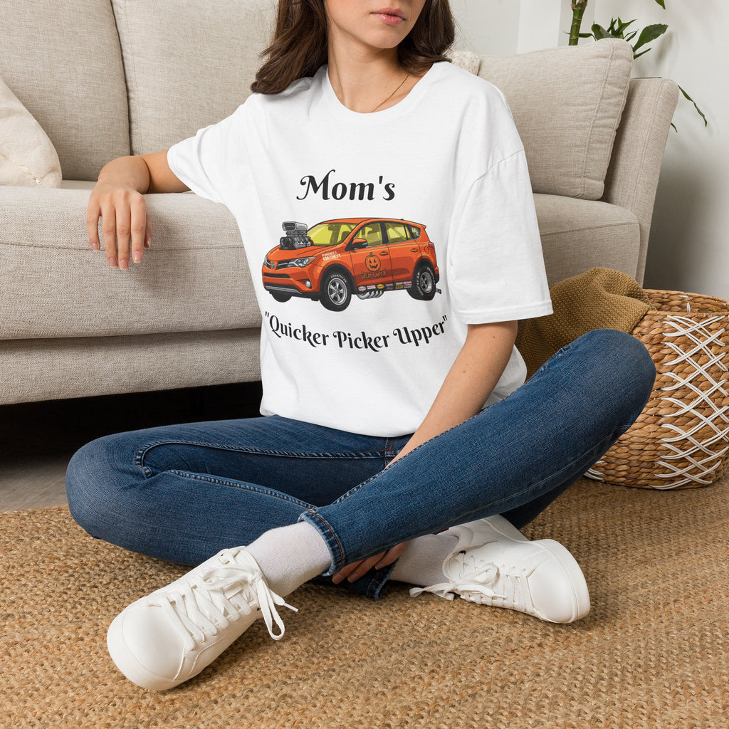 Car Enthusiast T-Shirt — Orange Hot Rod SUV Graphic with “Quicker Picker Upper”