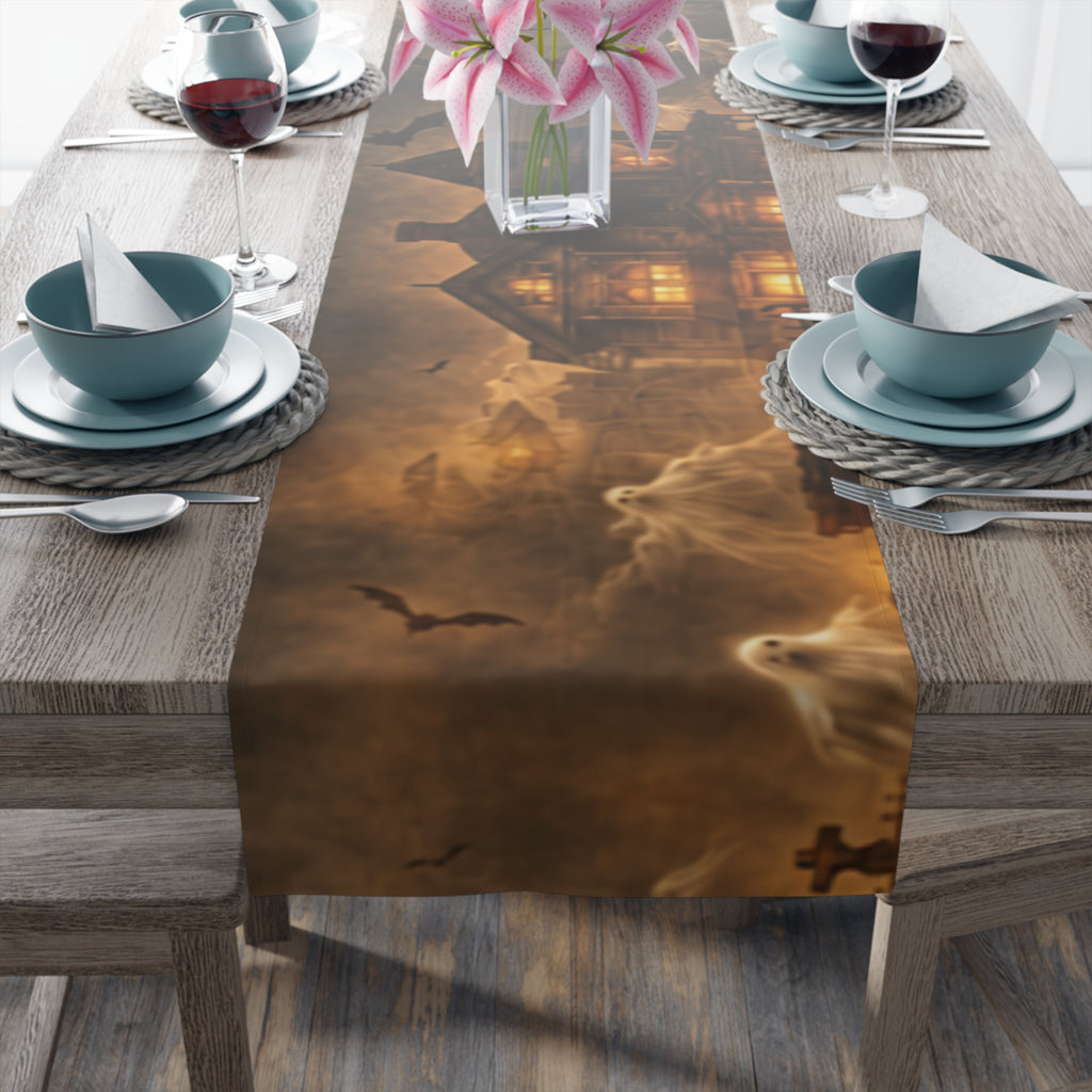 Haunted Victorian House Table Runner | Ghostly Graveyard Halloween