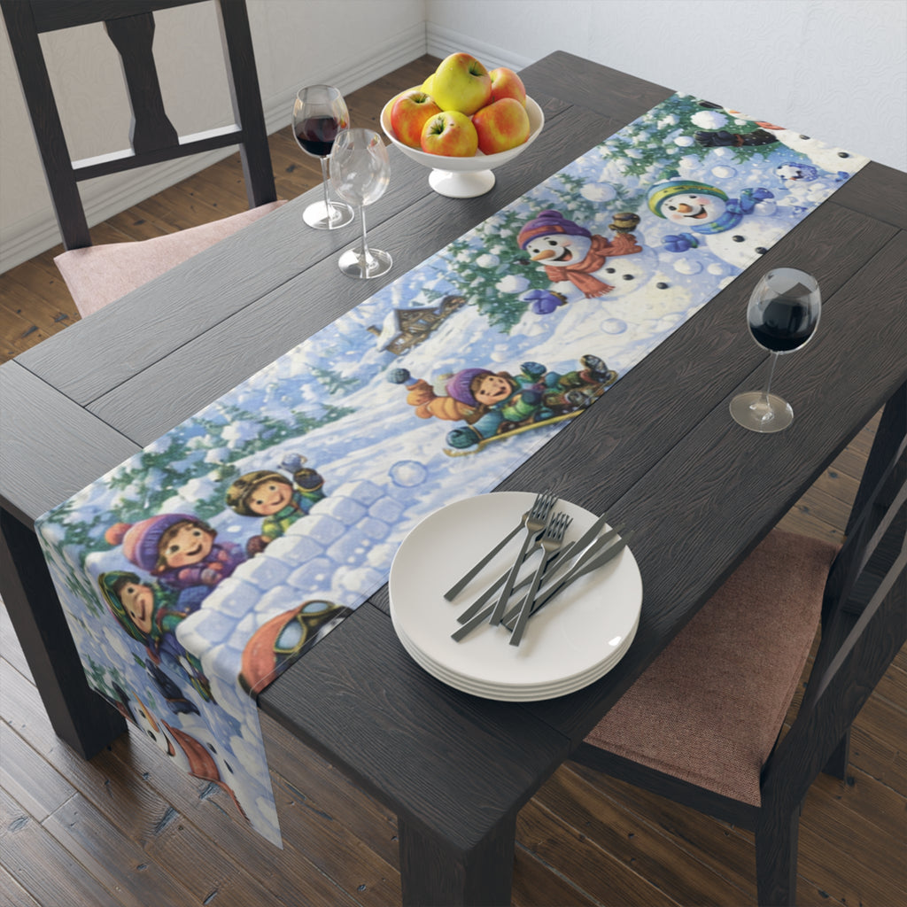 Snowball Fight Snowman Scene Table Runner | Cotton Poly