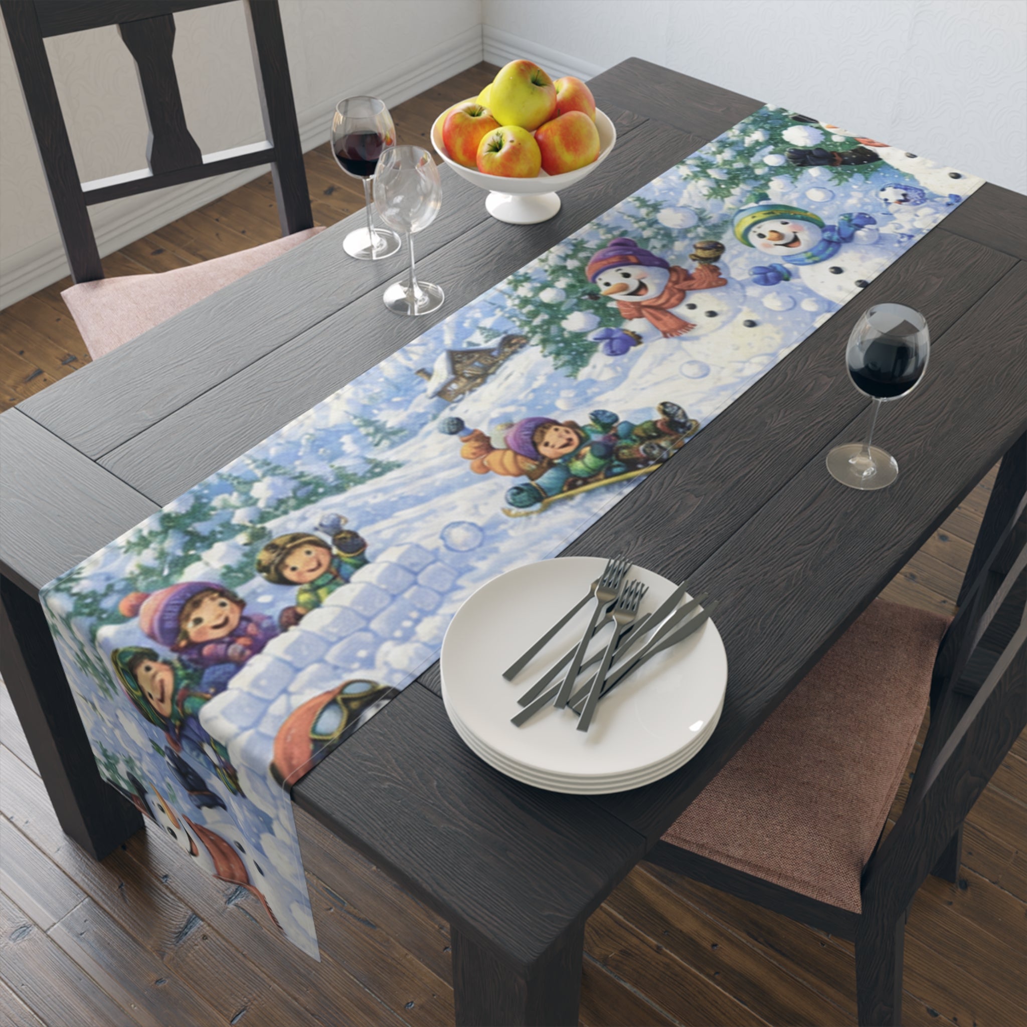 Snowball Fight Snowman Scene Table Runner | Cotton Poly