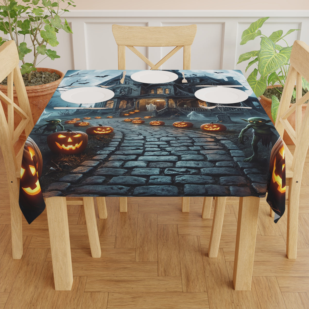 Haunted House Halloween Tablecloth | Moonlit Jack-O'-Lanterns & Drifting Ghosts