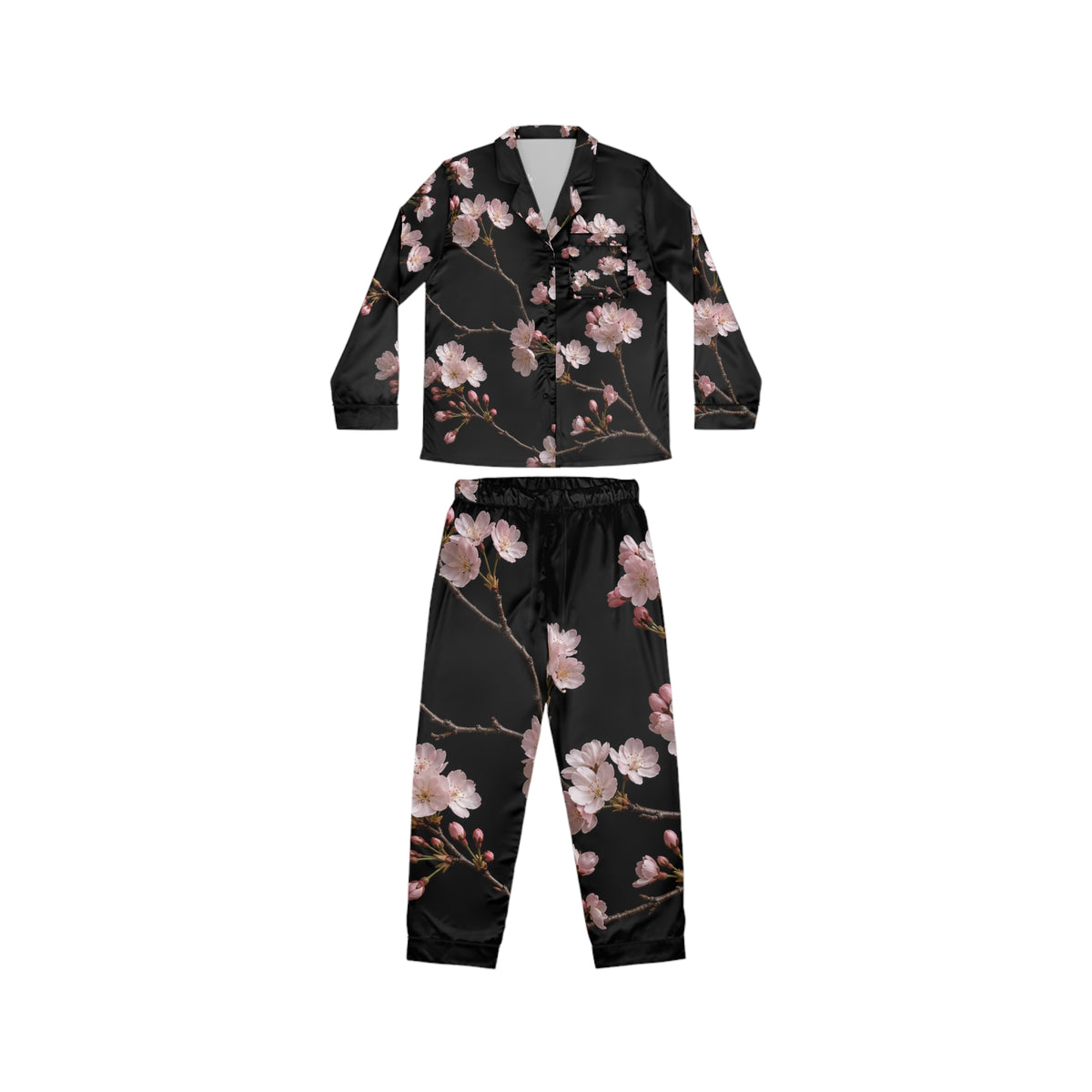 Pink Cherry Blossom Satin Pajamas | Floral Sleepwear Set
