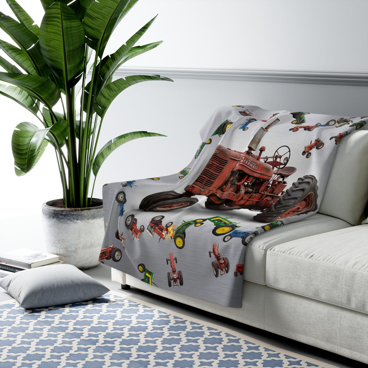 Vintage Tractor Pattern Sherpa Blanket | Farm Tractor Throw, Rustic Tractor Print