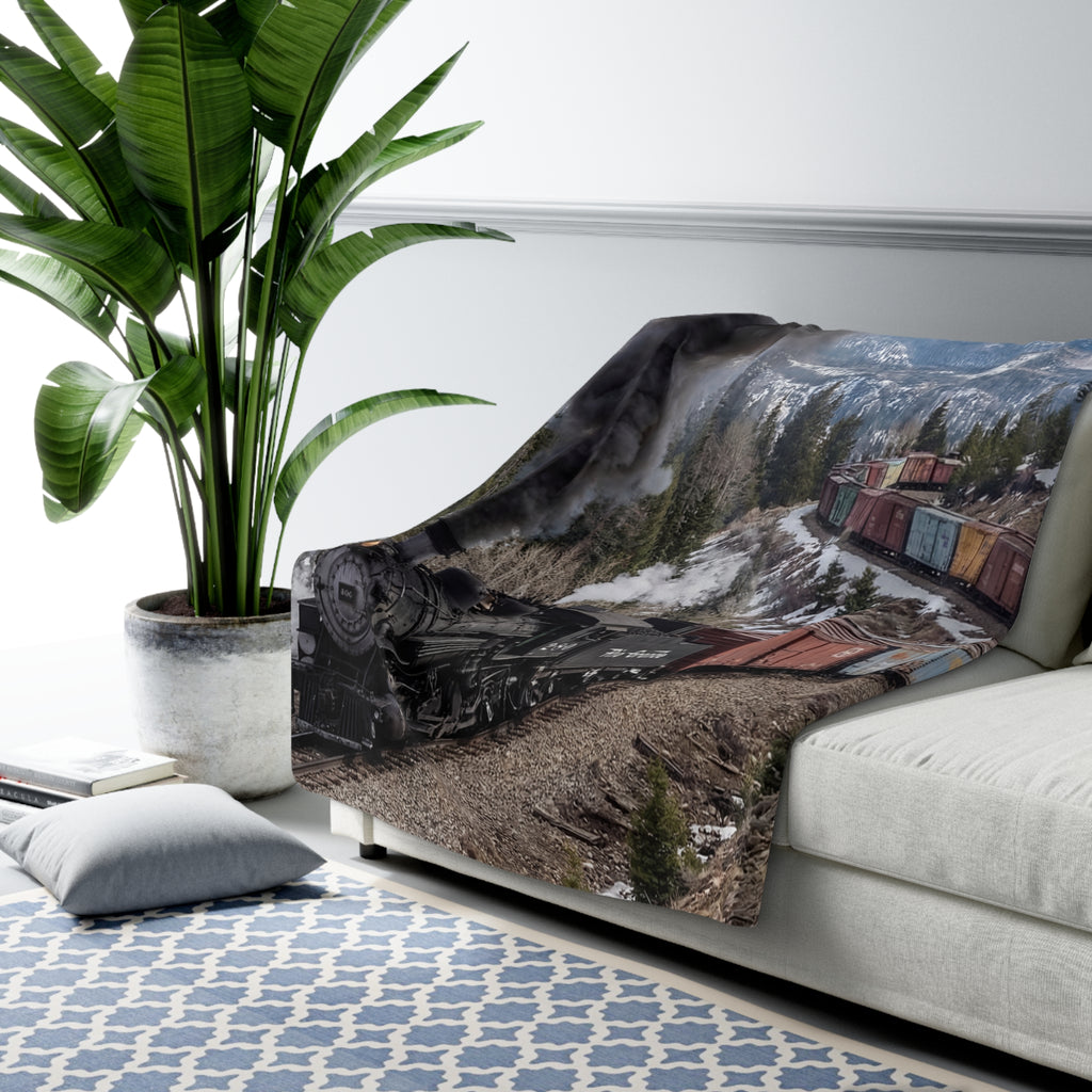 Sherpa Fleece Blanket Vintage Steam Train Mountain Route