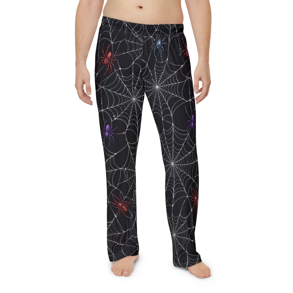 Spiderweb Pajama Pants — Men’s Halloween Lounge Pants with Colorful Spiders