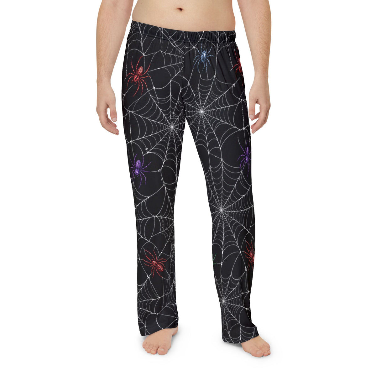 Spiderweb Pajama Pants — Men’s Halloween Lounge Pants with Colorful Spiders