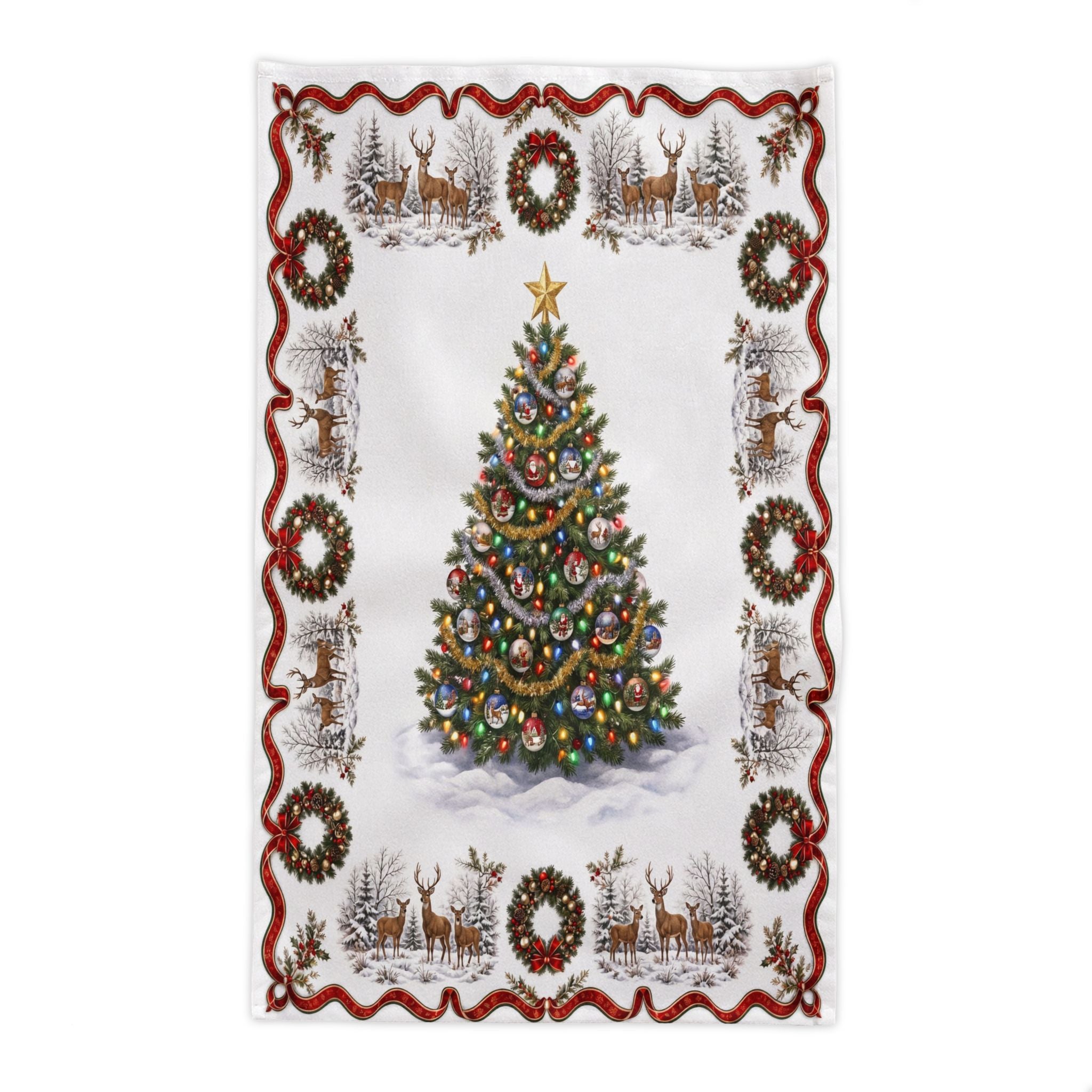 Holiday Wreath & Reindeer Festive Table Cloth