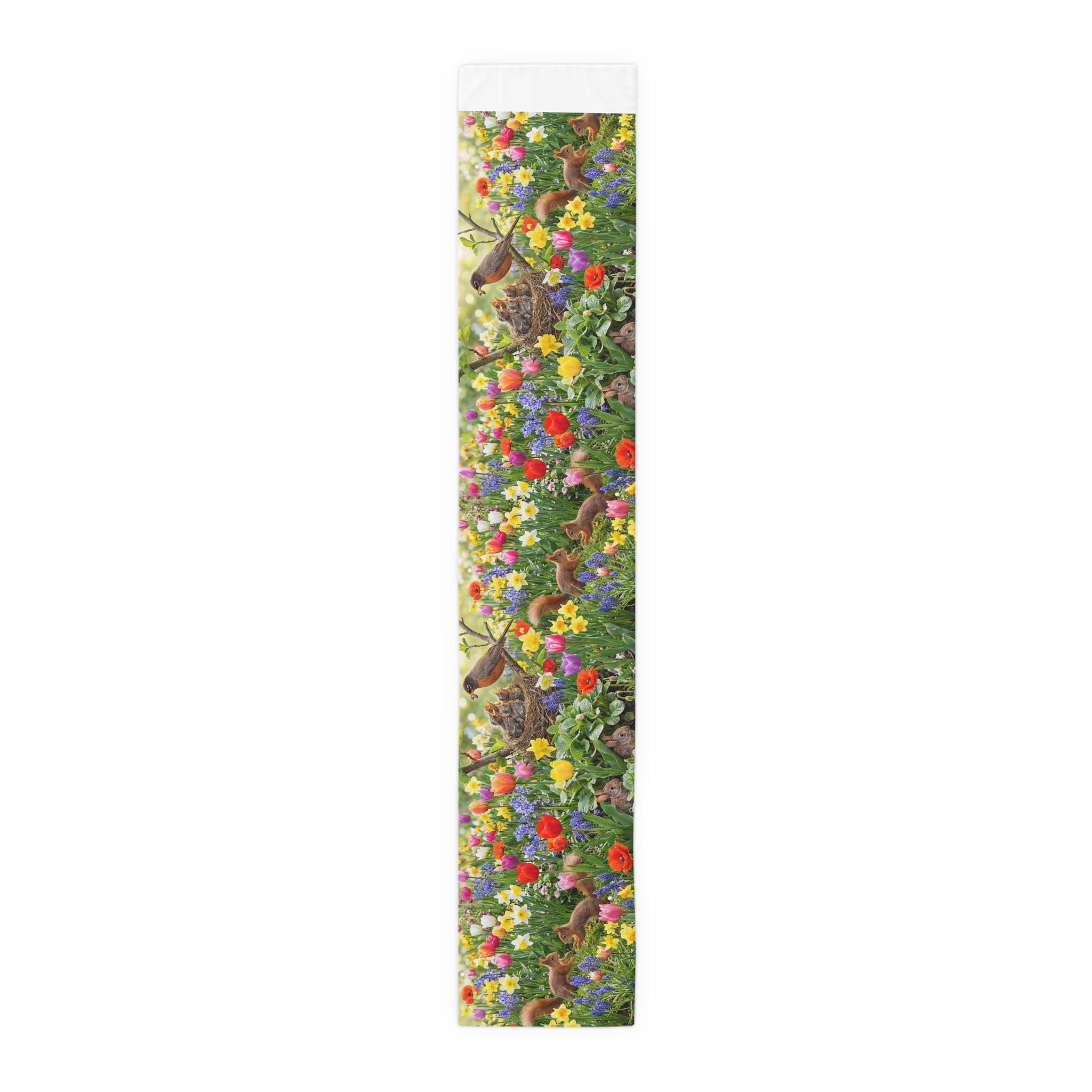Spring Garden Birds Table Runner / Floral Tulip & Daffodil Dining Decor