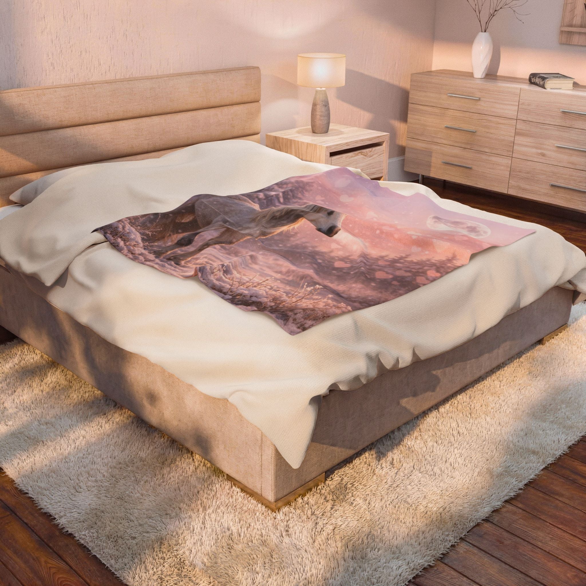 White Horse in Pink Winter Moonlight Blanket | Magical Snowy Forest