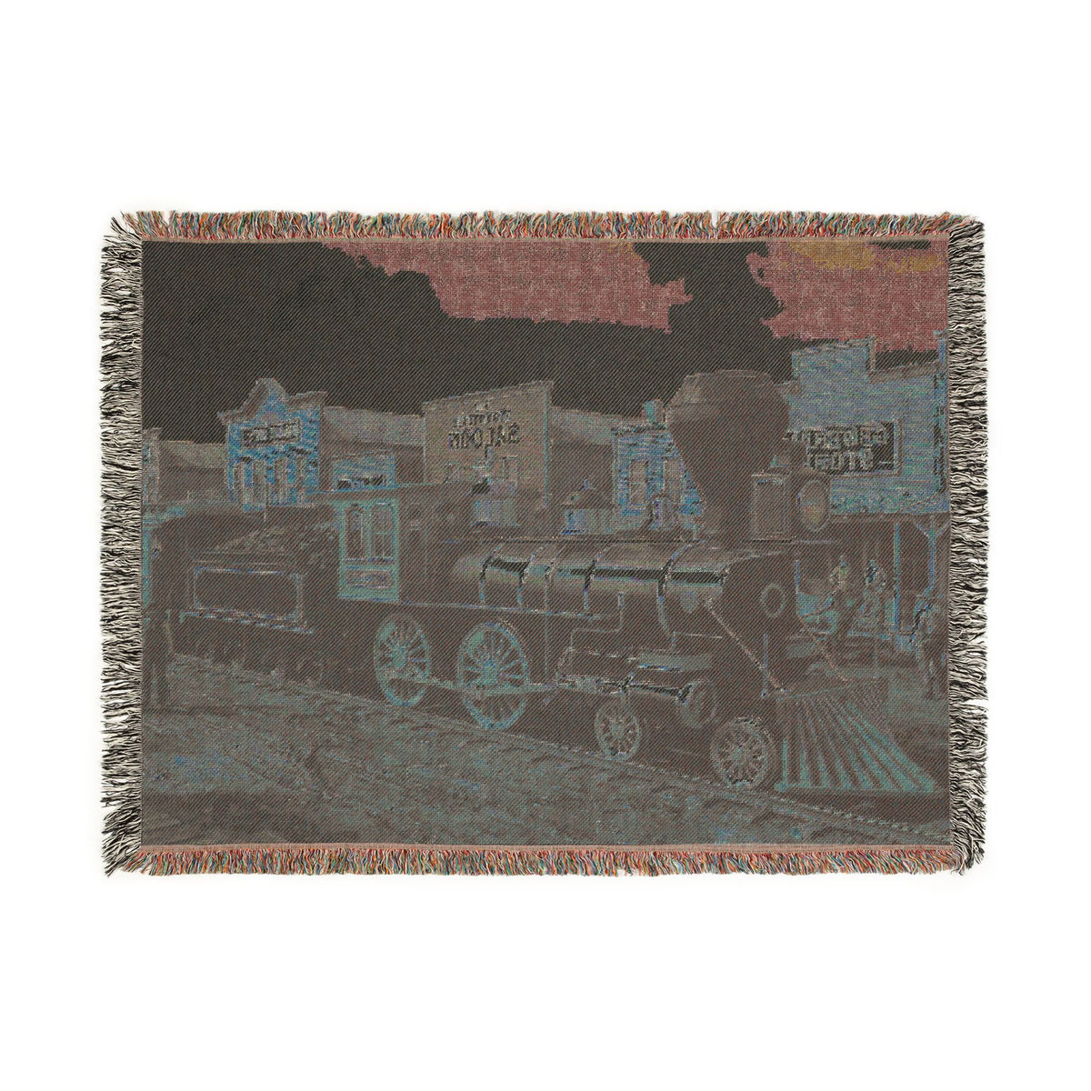 Vintage Steam Locomotive Woven Blanket | Western Town Train Throw