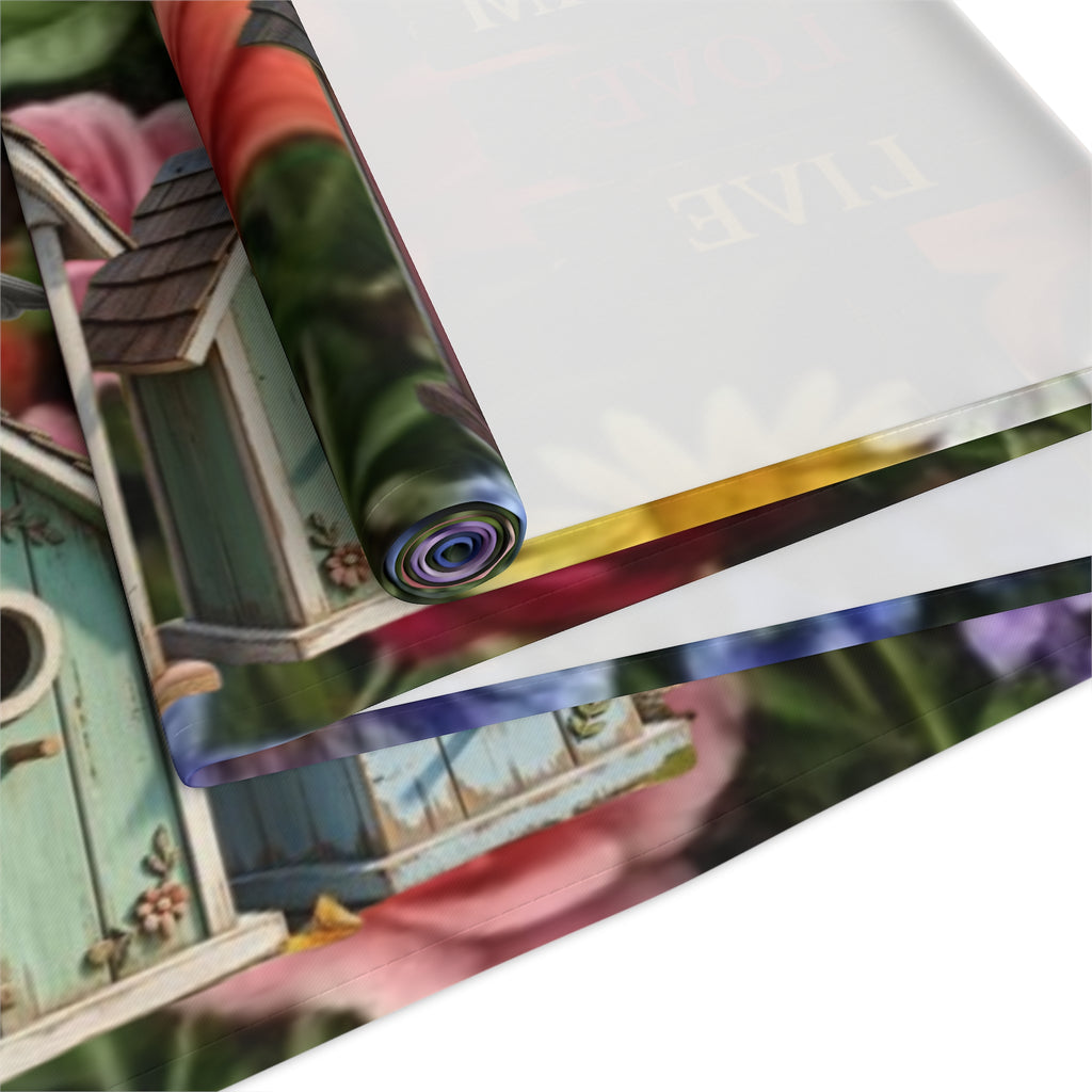 Floral Garden Birds Table Runner | Cottage Garden Birdhouse & Floral Decor