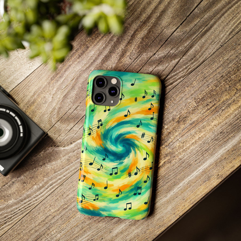 Music Notes Swirl Slim Phone Case | Colorful Turquoise Yellow Galaxy