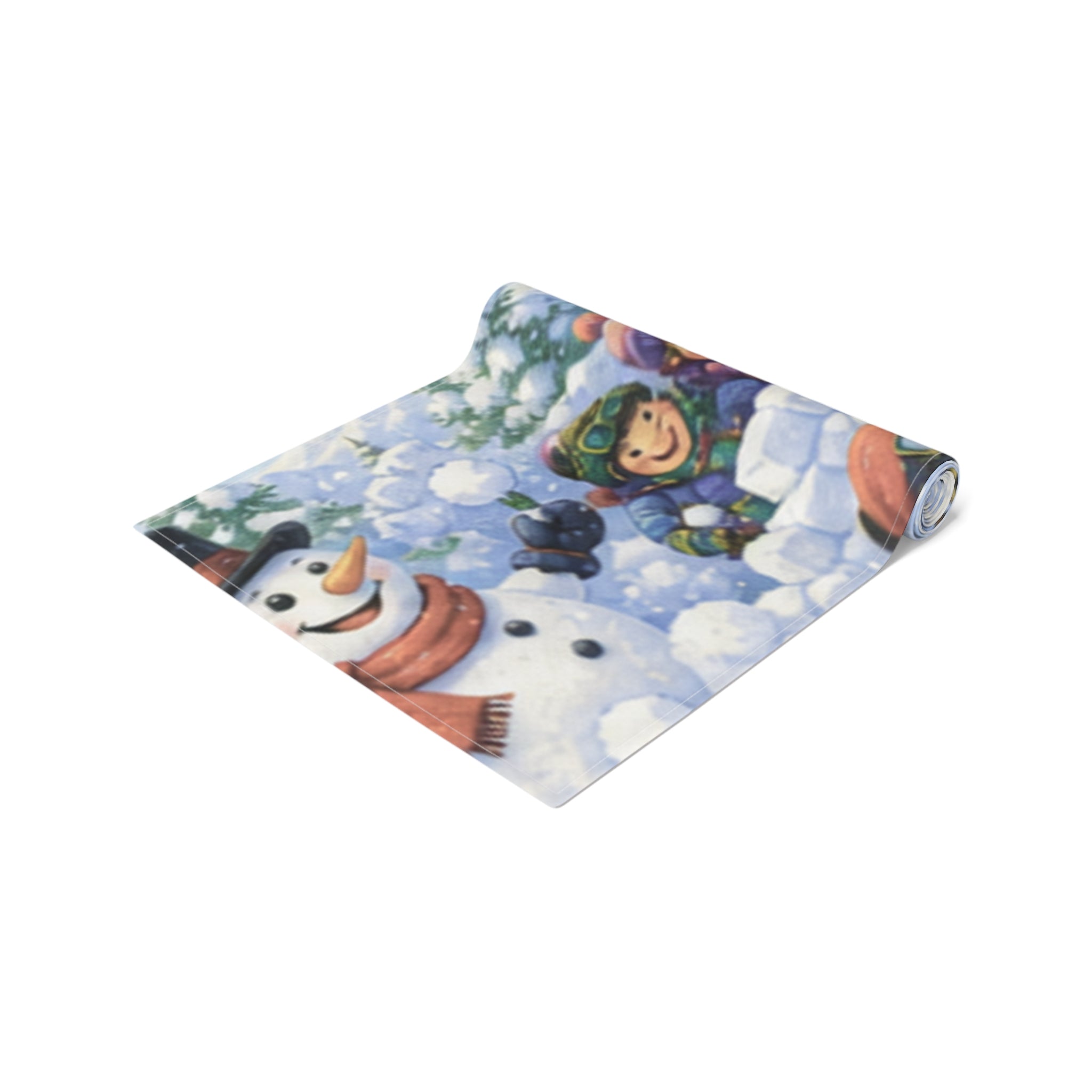 Snowball Fight Snowman Scene Table Runner | Cotton Poly