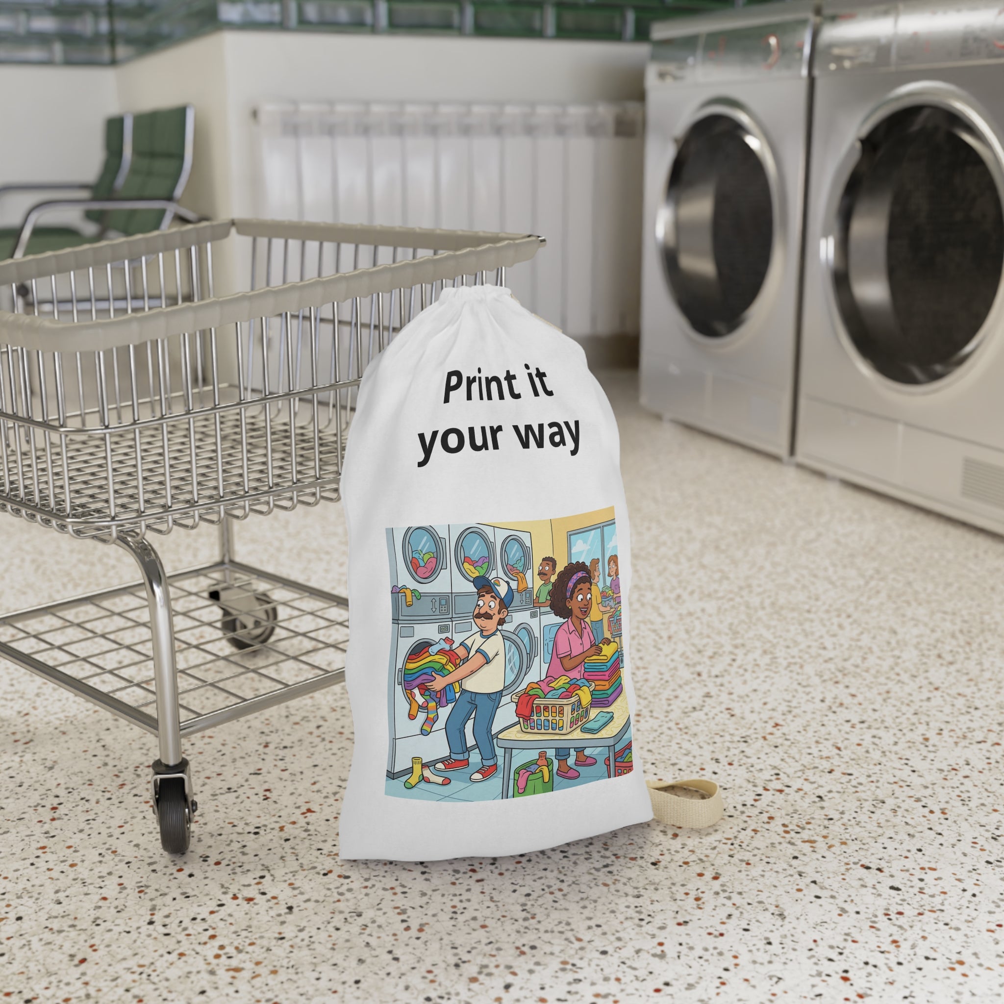 Laundry Day Illustration Laundry Bag | Cartoon Laundromat Print