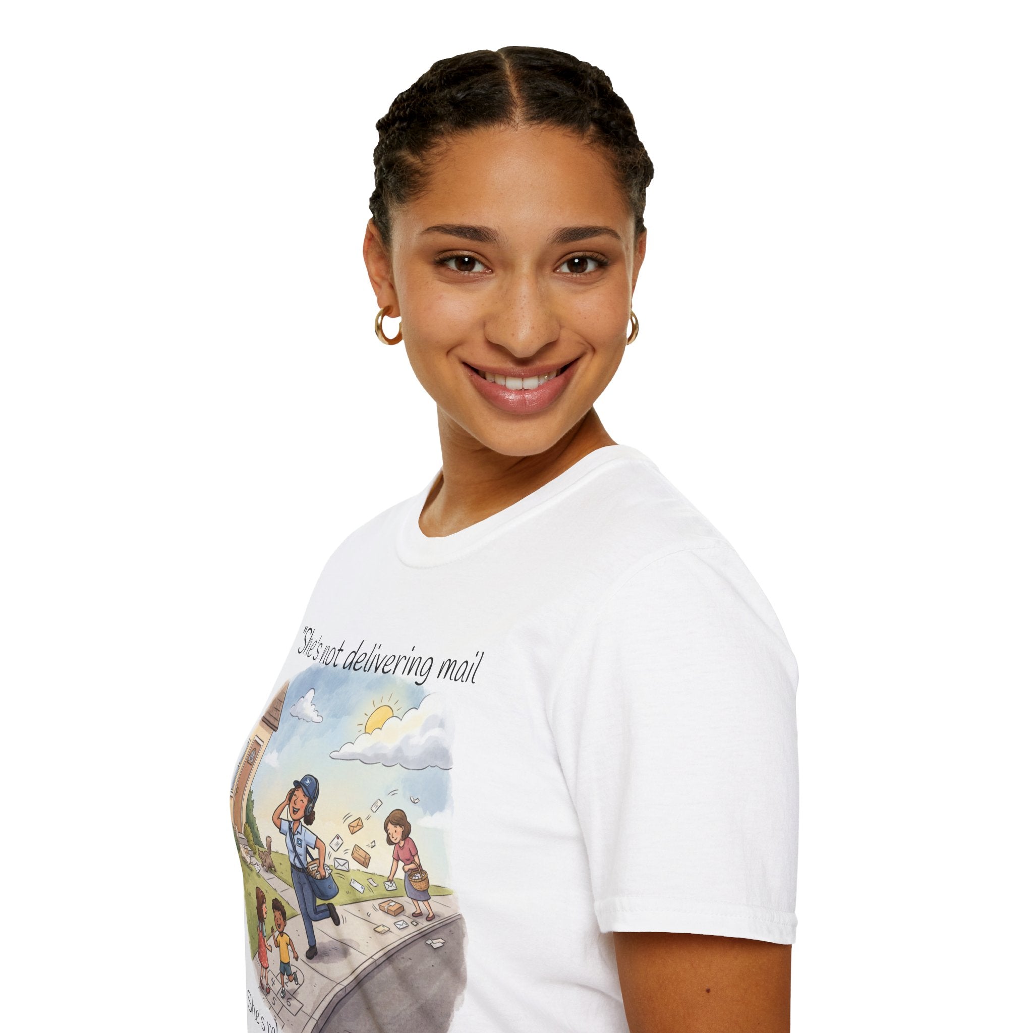 T‑Shirt – "She’s not delivering mail, she’s delivering a little wind" Cute Postal Worker Illustration Tee