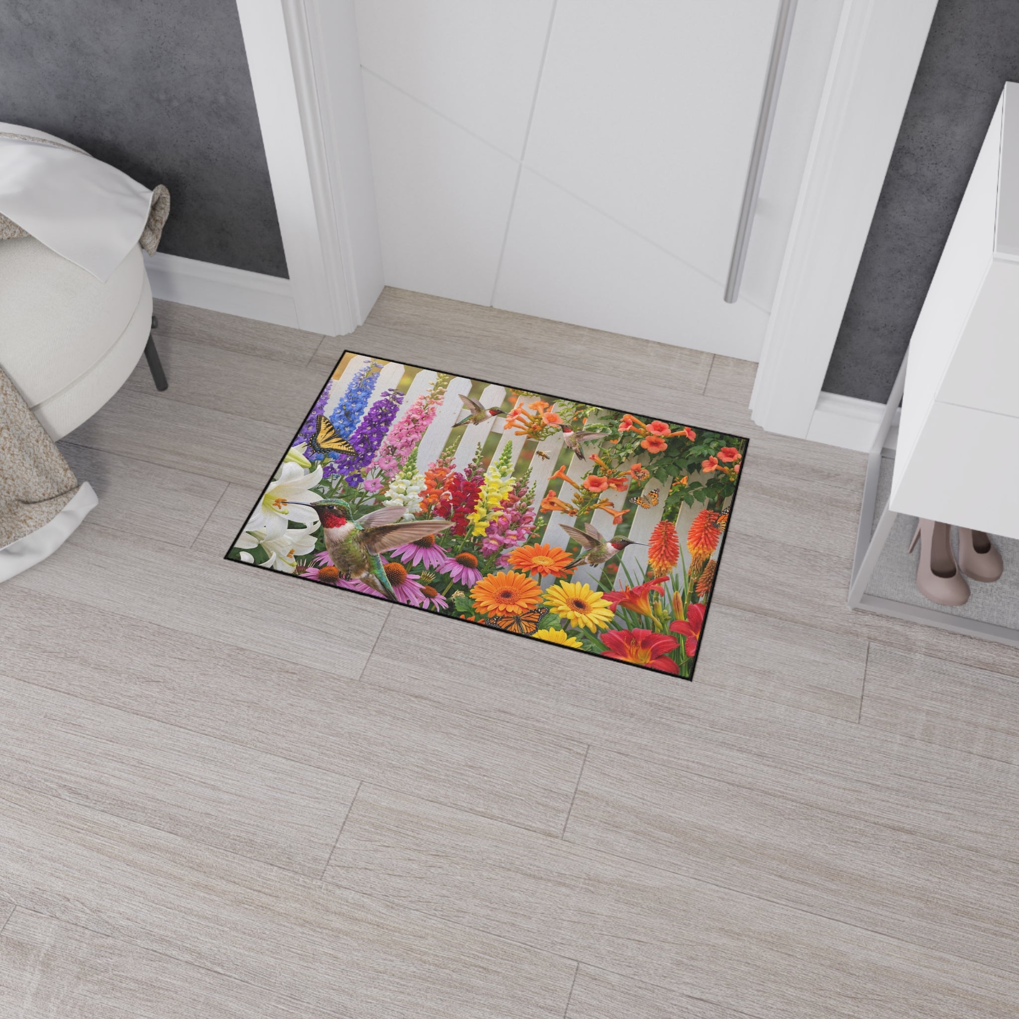 Hummingbirds and Wildflowers Floor Mat | Garden Fence Floral Doormat