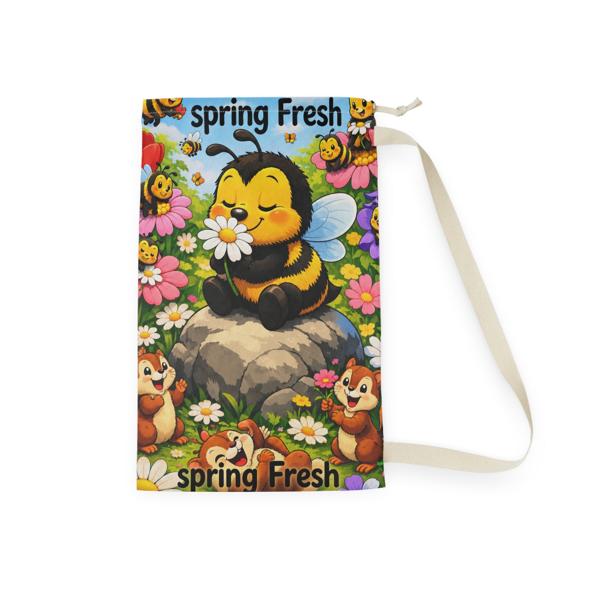 Spring Fresh Bee Laundry Bag – Cute Floral Drawstring Hamper for Kids