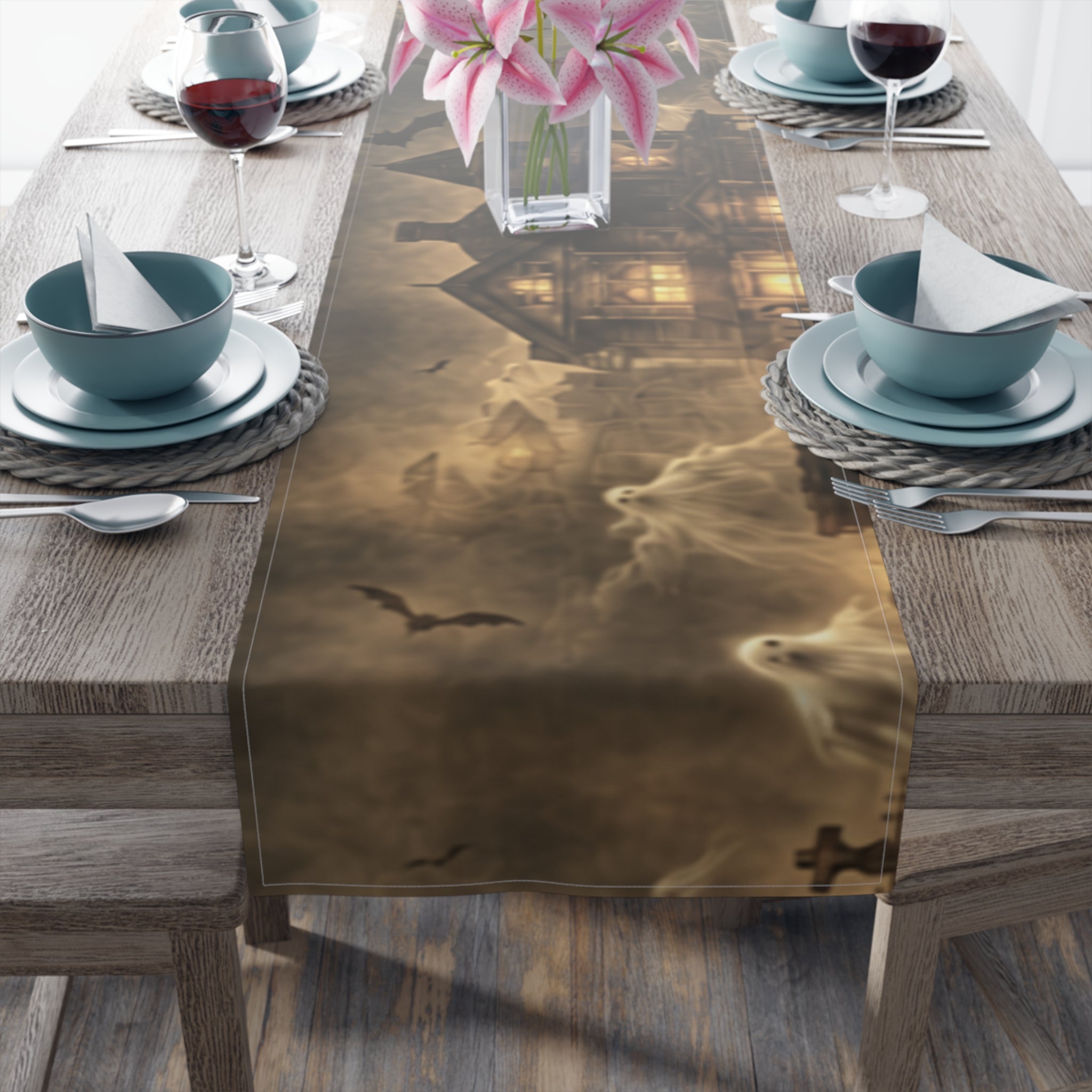 Haunted Victorian House Table Runner | Ghostly Graveyard Halloween