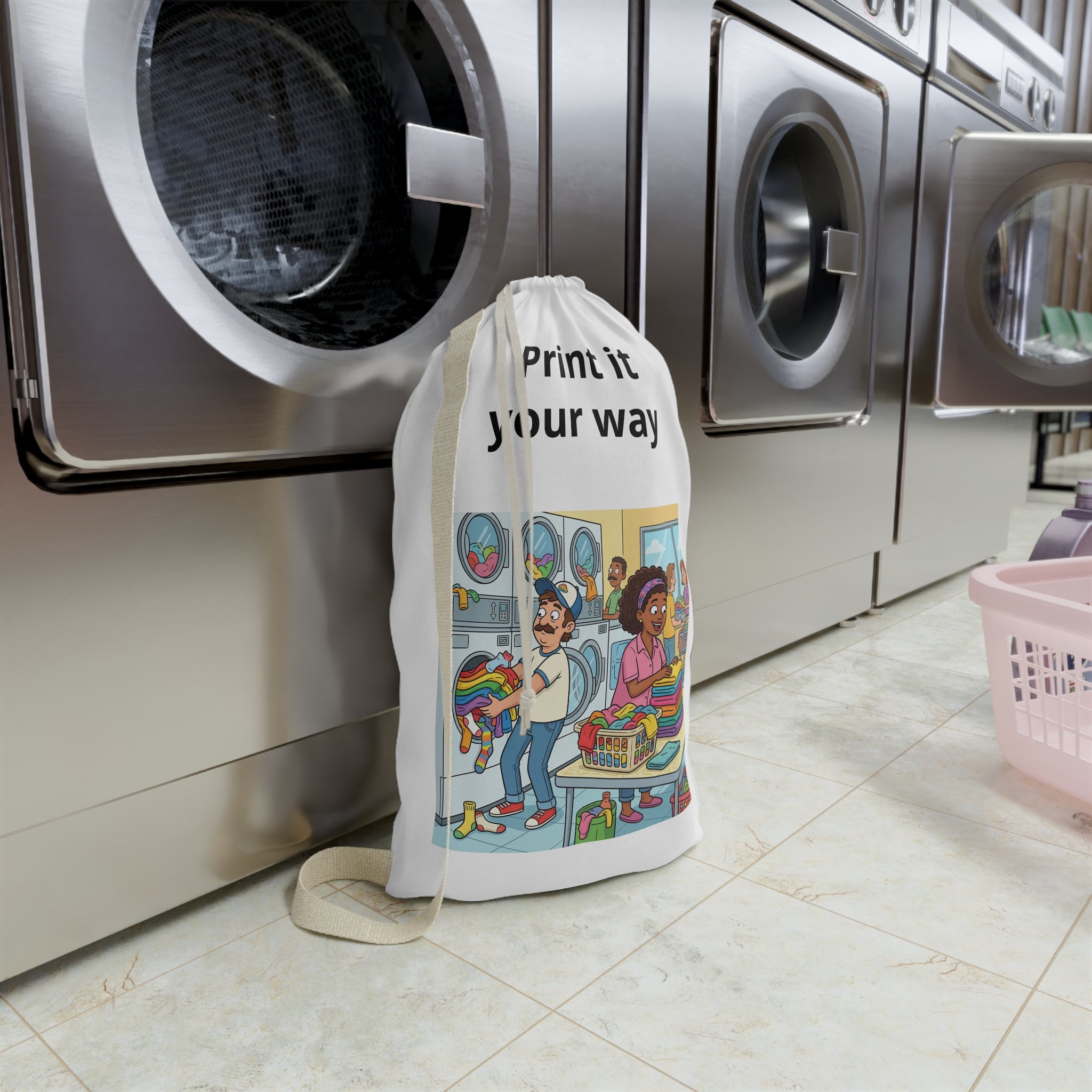 Laundry Day Illustration Laundry Bag | Cartoon Laundromat Print