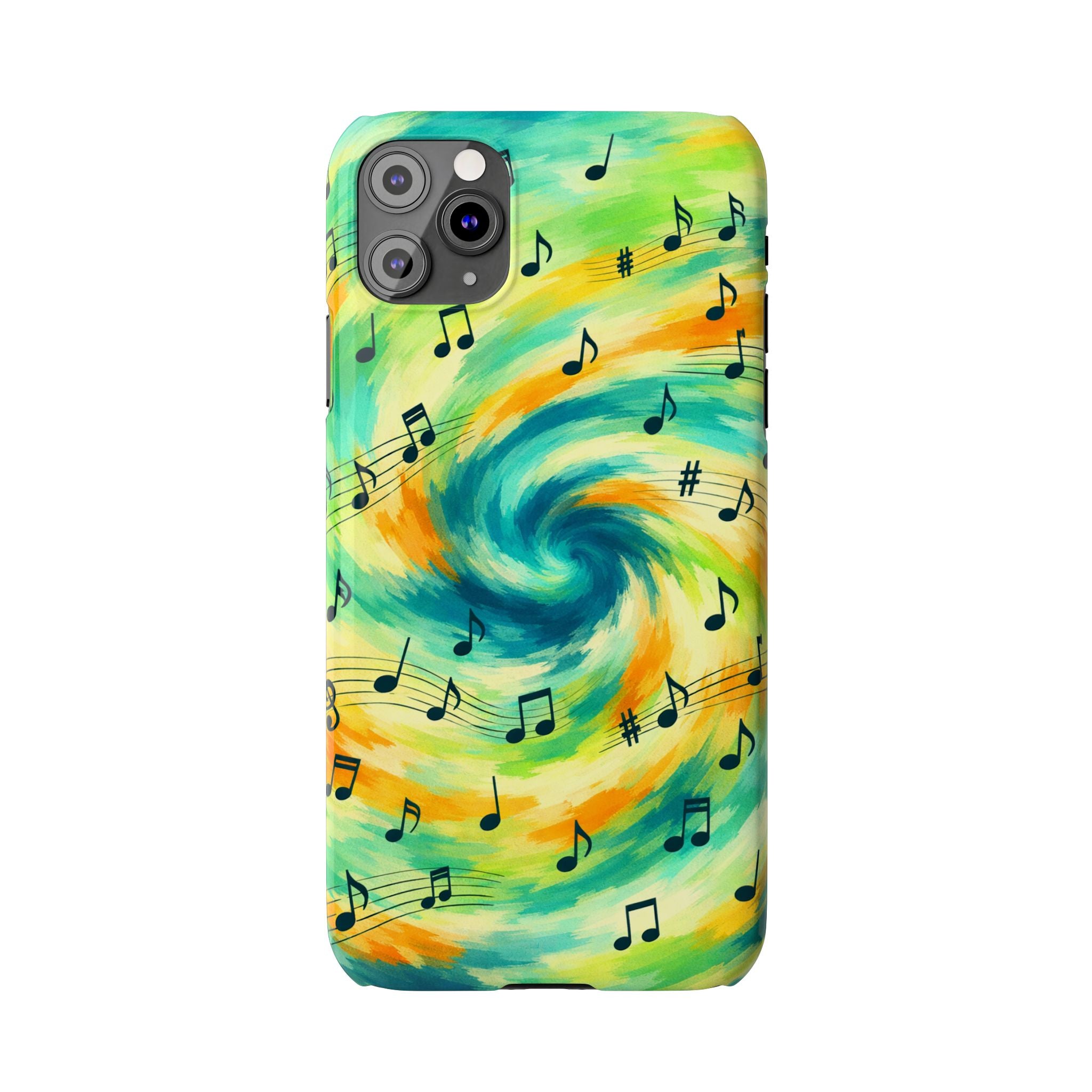 Music Notes Swirl Slim Phone Case | Colorful Turquoise Yellow Galaxy