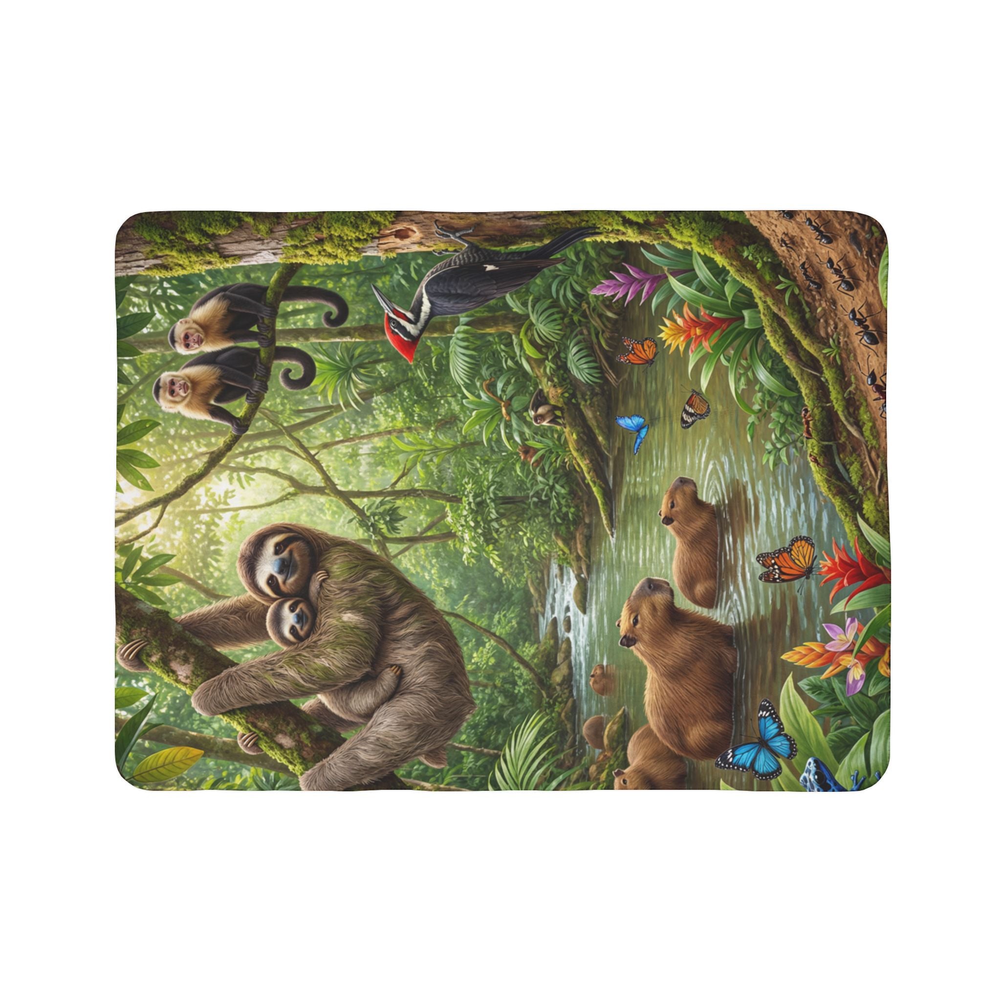 Sloth Jungle Fleece Sherpa Blanket / Tropical Rainforest Animal Cozy Throw
