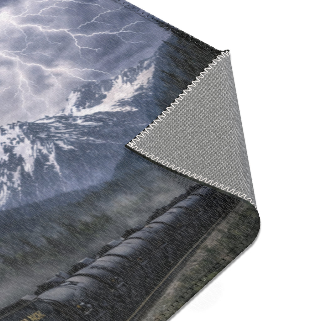Steam Train Countryside Area Rug | Snowy Mountains, Eagle, Lightning