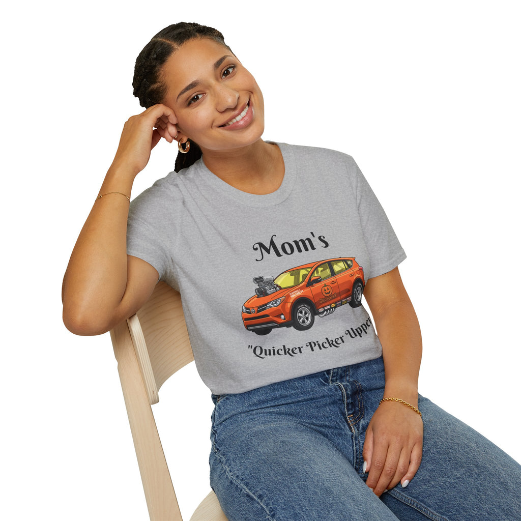 Car Enthusiast T-Shirt — Orange Hot Rod SUV Graphic with “Quicker Picker Upper”