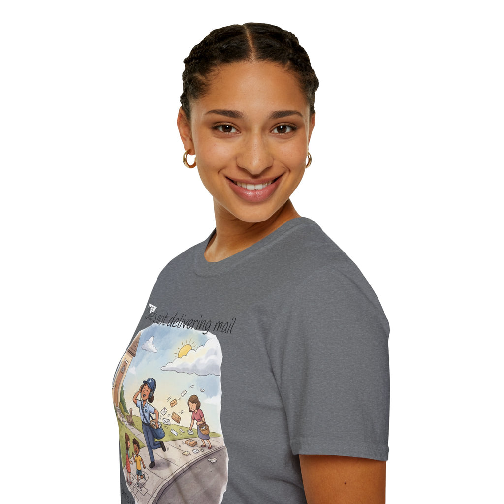 T‑Shirt – "She’s not delivering mail, she’s delivering a little wind" Cute Postal Worker Illustration Tee
