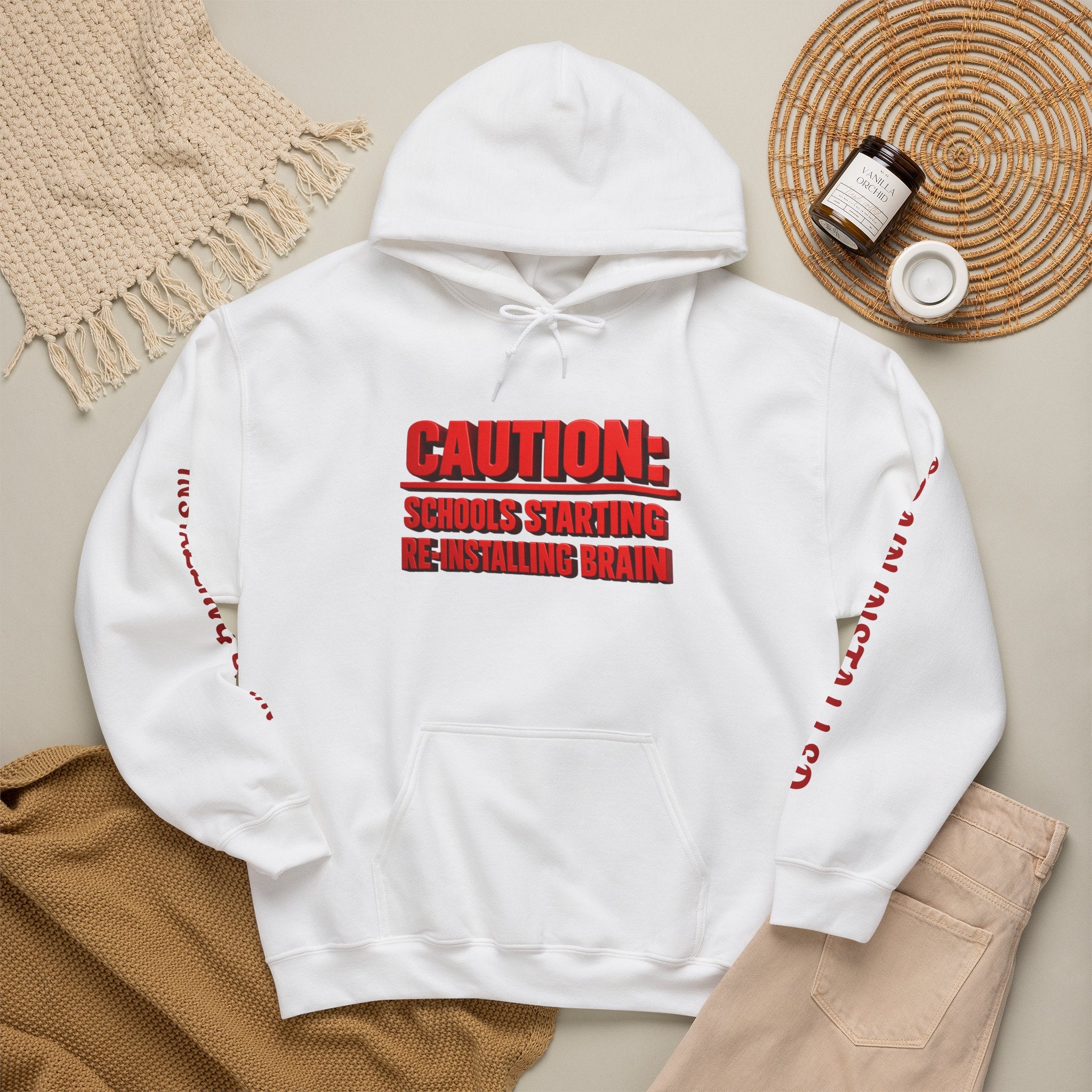 Hoodie — "CAUTION: Schools Starting, Re-Installing Brain" Back-to-School Graphic Hoodie